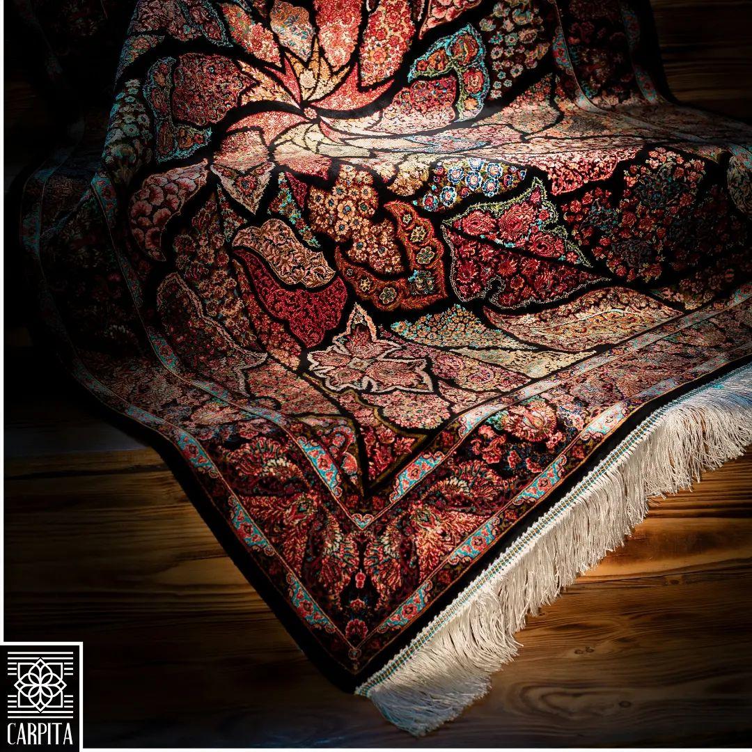 Marineblaues und kupfernes Blattmotiv Persischer Teppich aus reiner Seide, iranische Handwerkskunst, 0047 im Angebot 5
