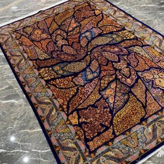 Navy and Copper Leaf Motif Persian Pure Silk Rug, Iranian Craftsmanship, 0047