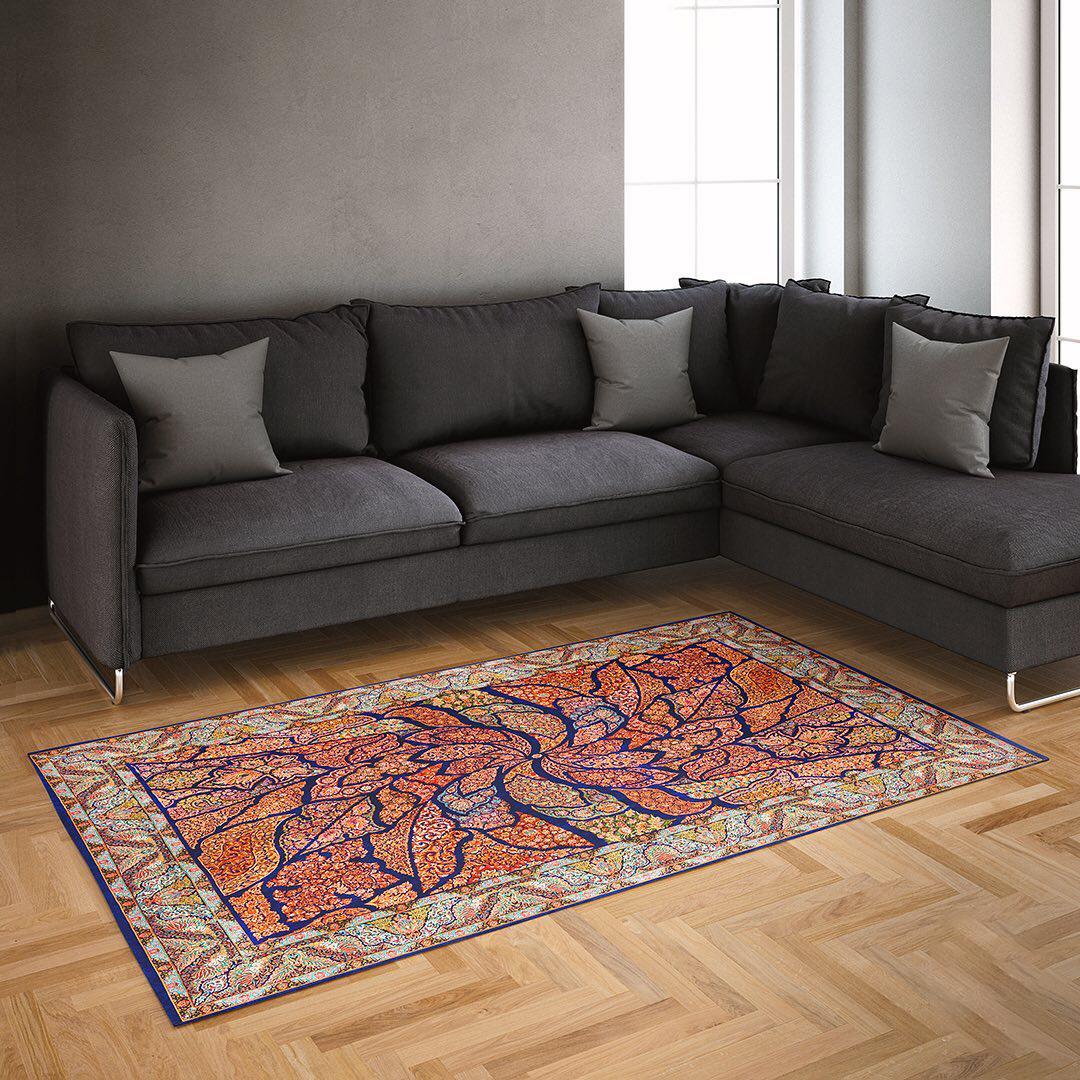 Marineblaues und kupfernes Blattmotiv Persischer Teppich aus reiner Seide, iranische Handwerkskunst, 0047 im Angebot 2