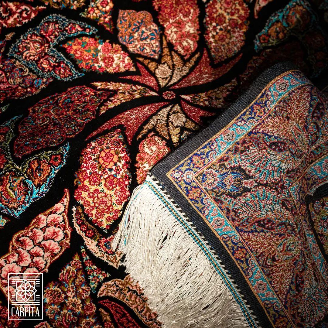 Marineblaues und kupfernes Blattmotiv Persischer Teppich aus reiner Seide, iranische Handwerkskunst, 0047 im Angebot 3