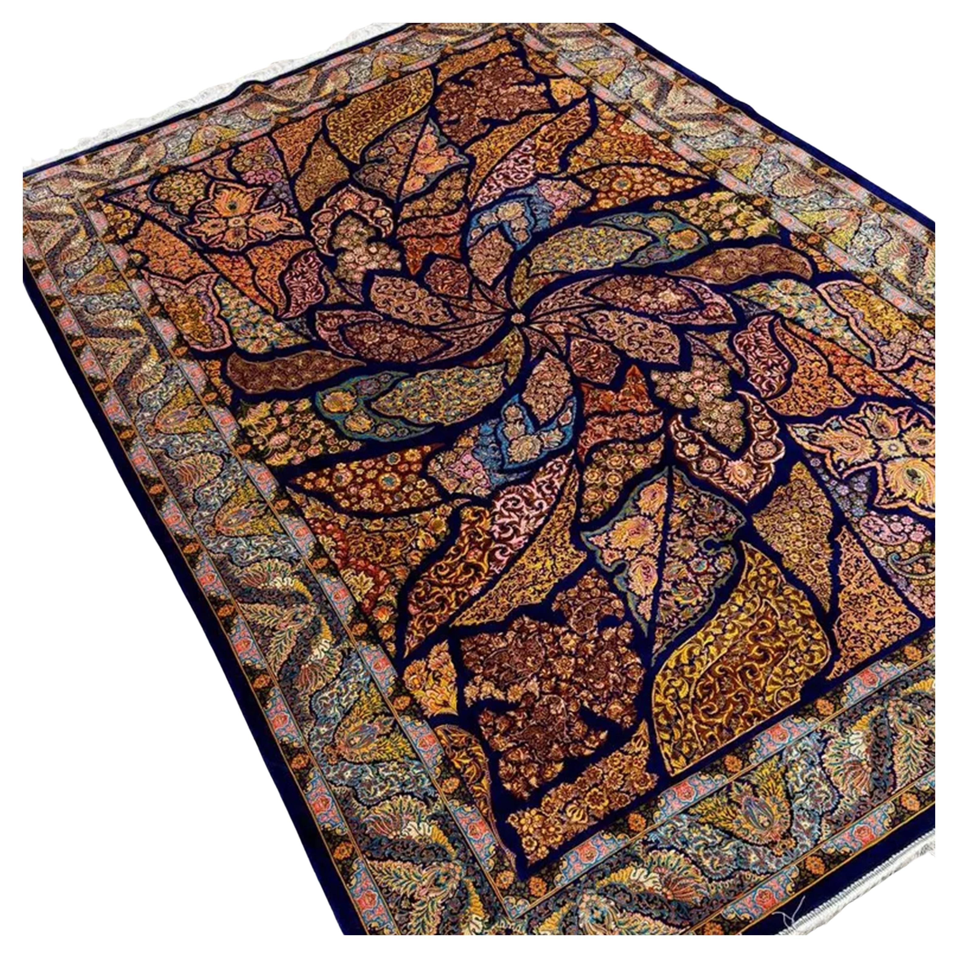 Marineblaues und kupfernes Blattmotiv Persischer Teppich aus reiner Seide, iranische Handwerkskunst, 0047 im Angebot