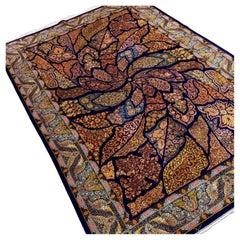 Navy and Copper Leaf Motif Persian Pure Silk Rug, Iranian Craftsmanship, 0047