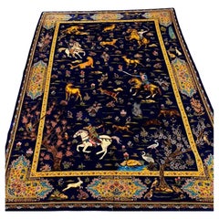 Navy and Gold Hunting Scene Persian Pure Silk Rug, Iranian Craftsmanship, 0046