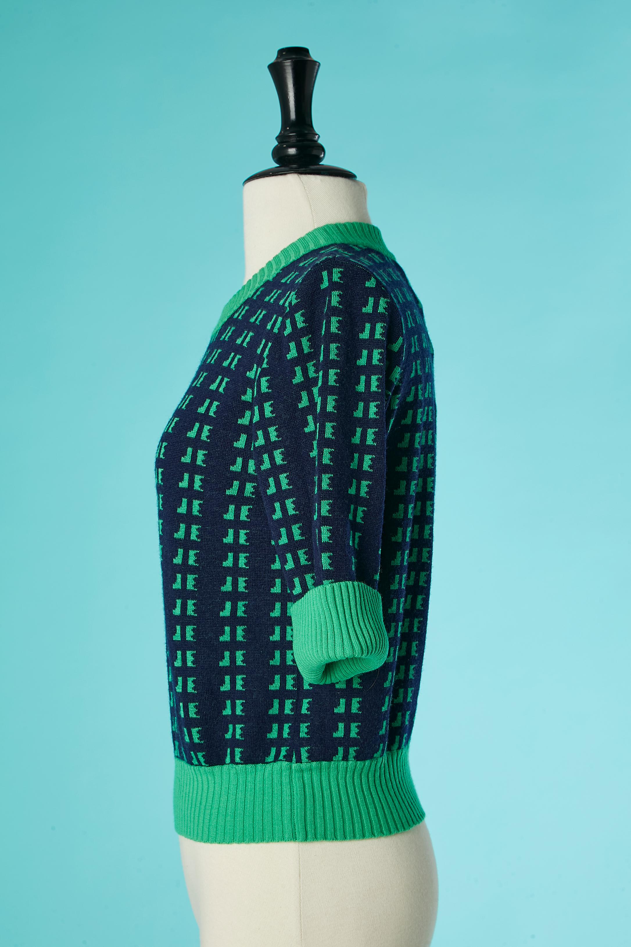 Jersey de manga corta de punto jacquard azul marino y verde JACQUES ESTEREL Circa 1970 Negro en venta