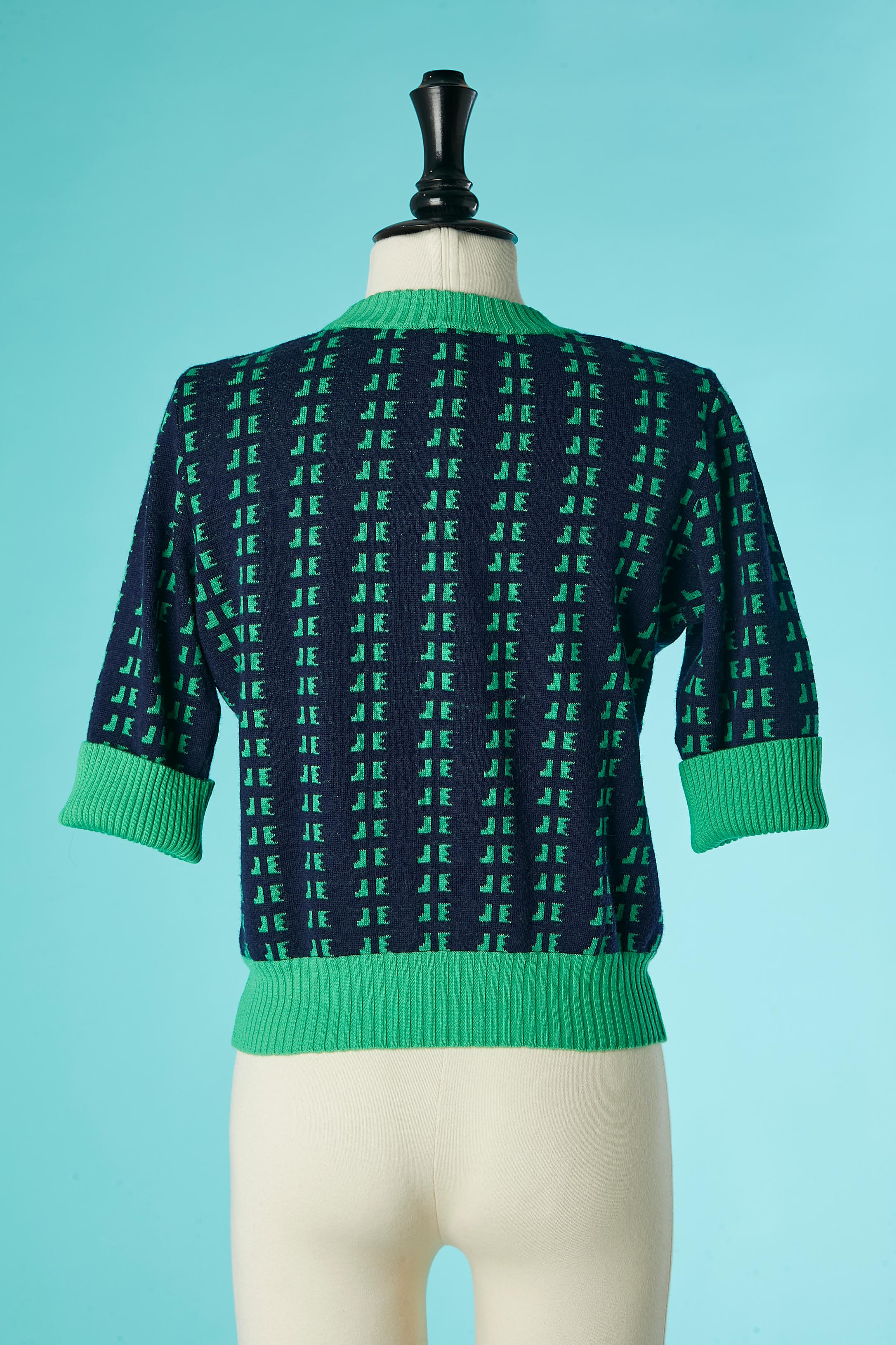 Jersey de manga corta de punto jacquard azul marino y verde JACQUES ESTEREL Circa 1970 en Excelente estado para la venta en Saint-Ouen-Sur-Seine, FR