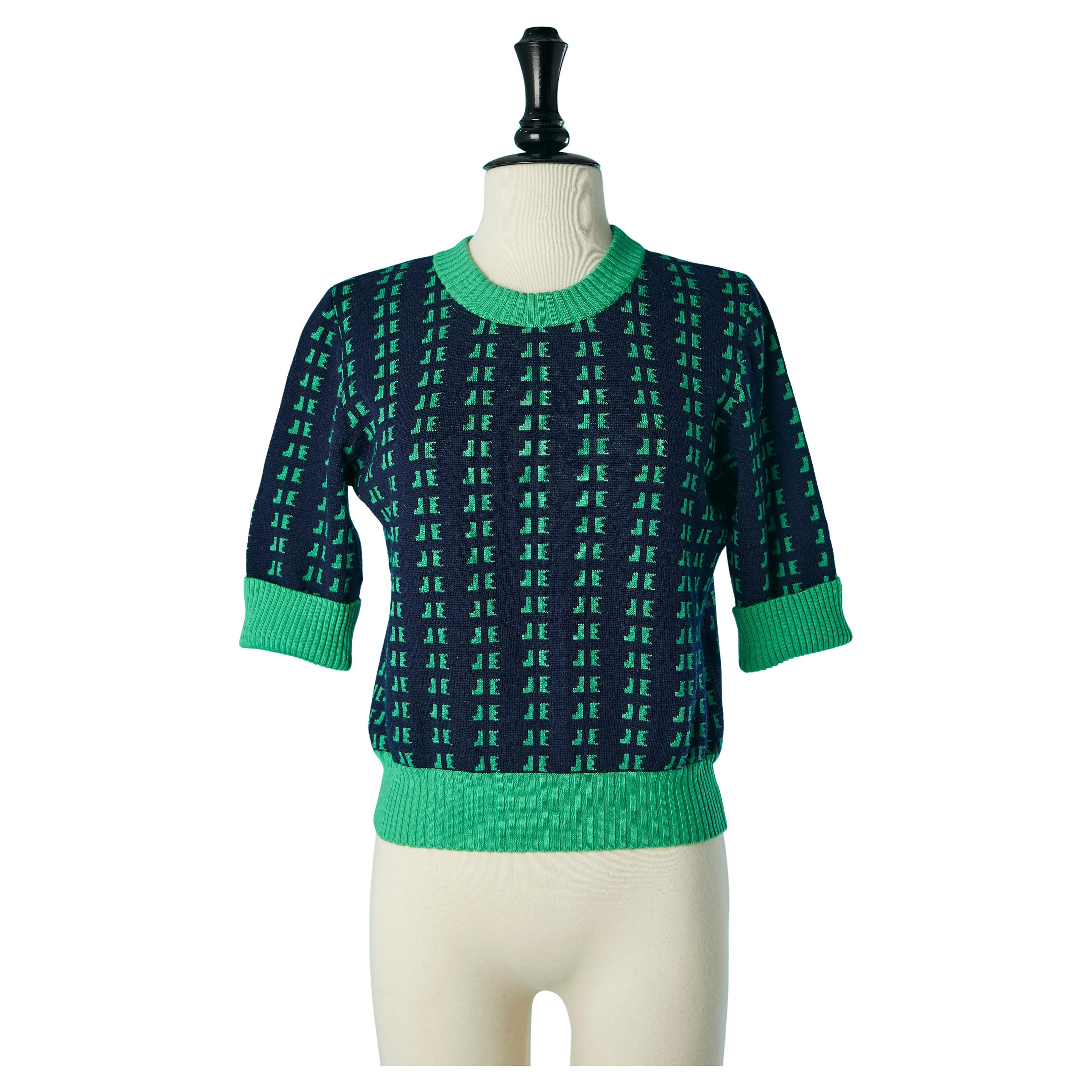 Jersey de manga corta de punto jacquard azul marino y verde JACQUES ESTEREL Circa 1970 en venta