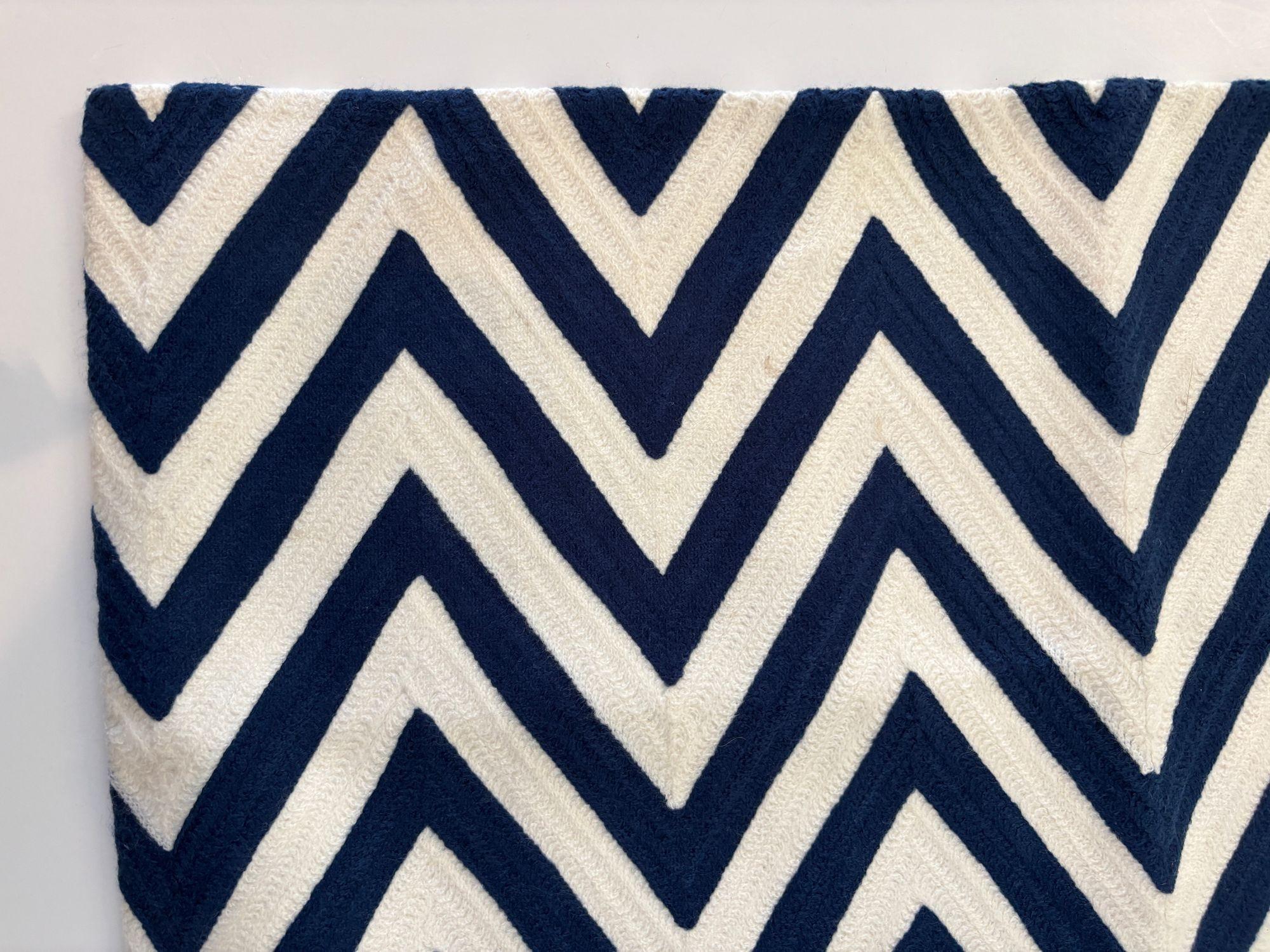 Modern Navy and Ivory Chevron Crewel Embroidery Lumbar Pillow Cover Set of 2 For Sale