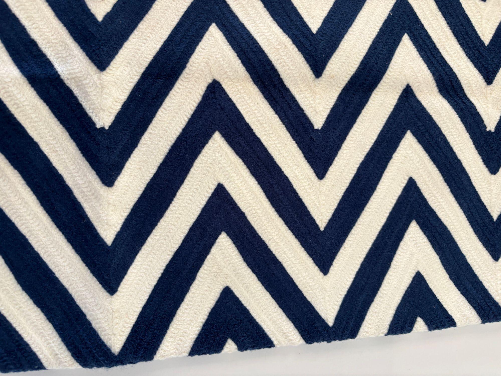 20th Century Navy and Ivory Chevron Crewel Embroidery Lumbar Pillow Cover Set of 2 For Sale