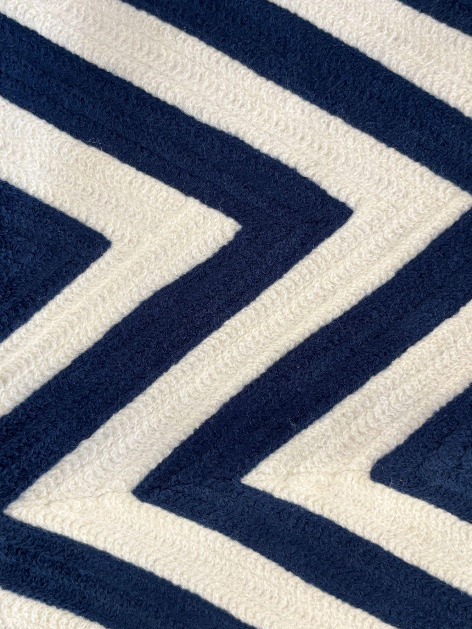 Cotton Navy and Ivory Chevron Crewel Embroidery Lumbar Pillow Cover Set of 2 For Sale