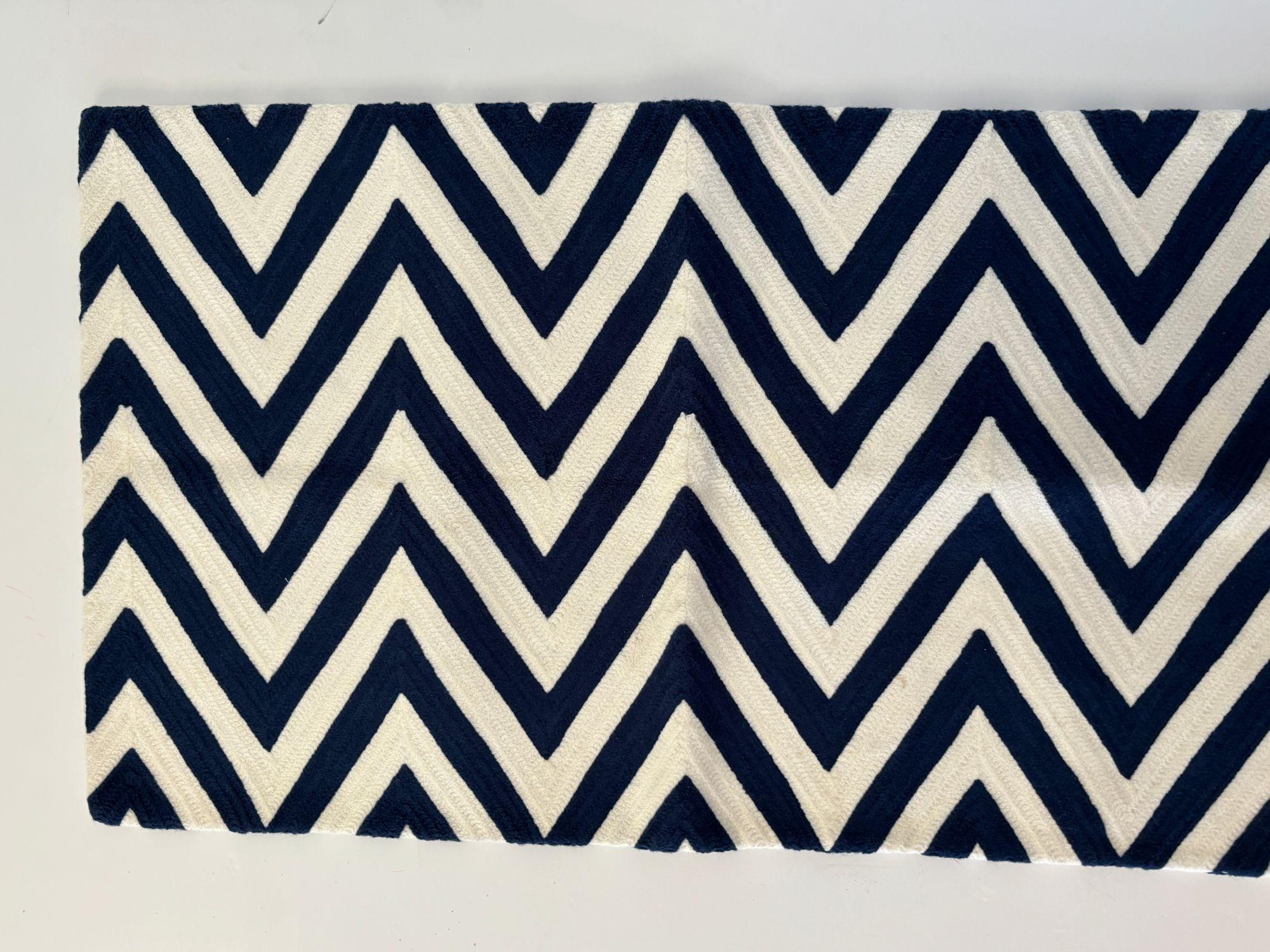 Navy and Ivory Chevron Crewel Embroidery Lumbar Pillow Cover Set of 2 For Sale 2