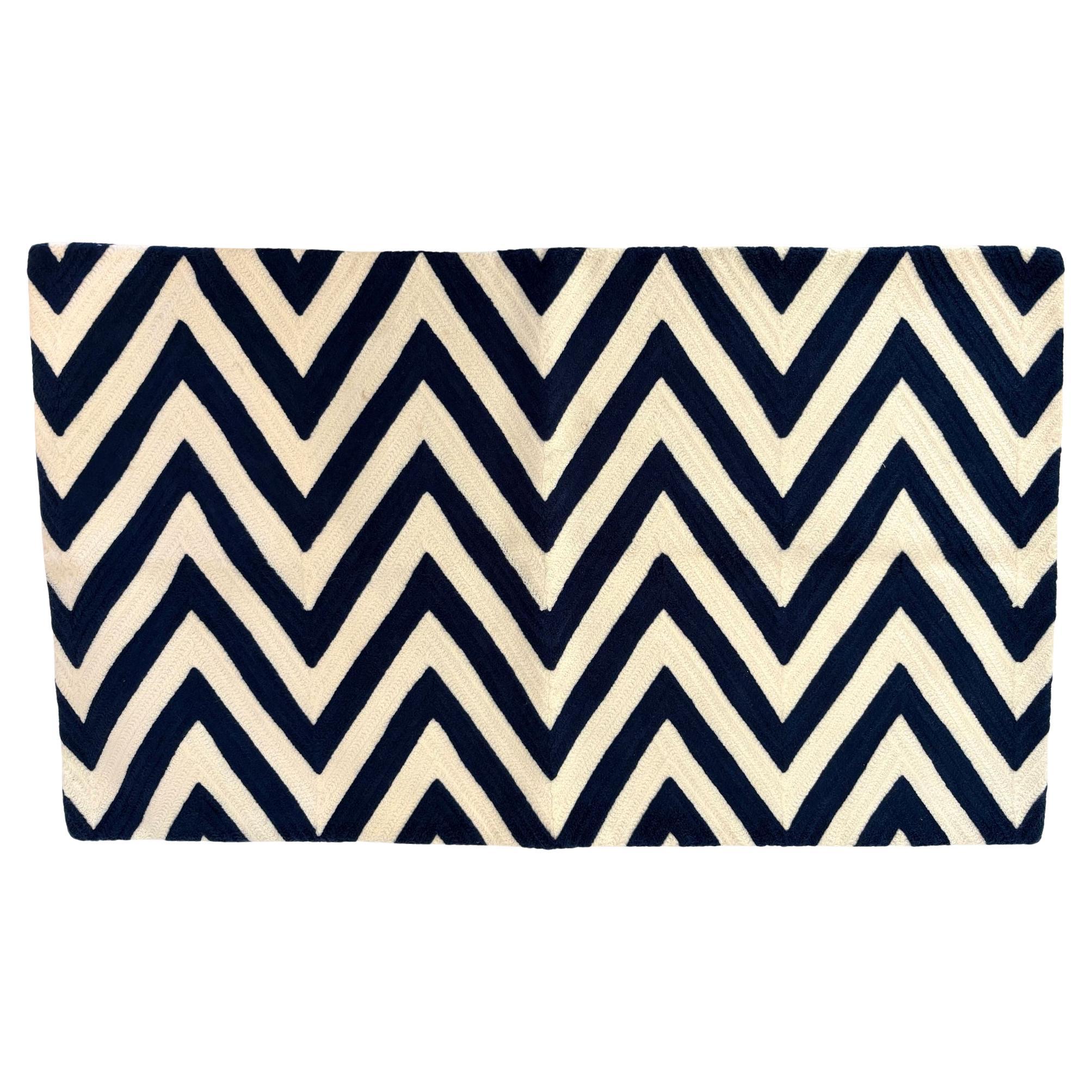 Navy and Ivory Chevron Crewel Embroidery Lumbar Pillow Cover Set of 2 For Sale