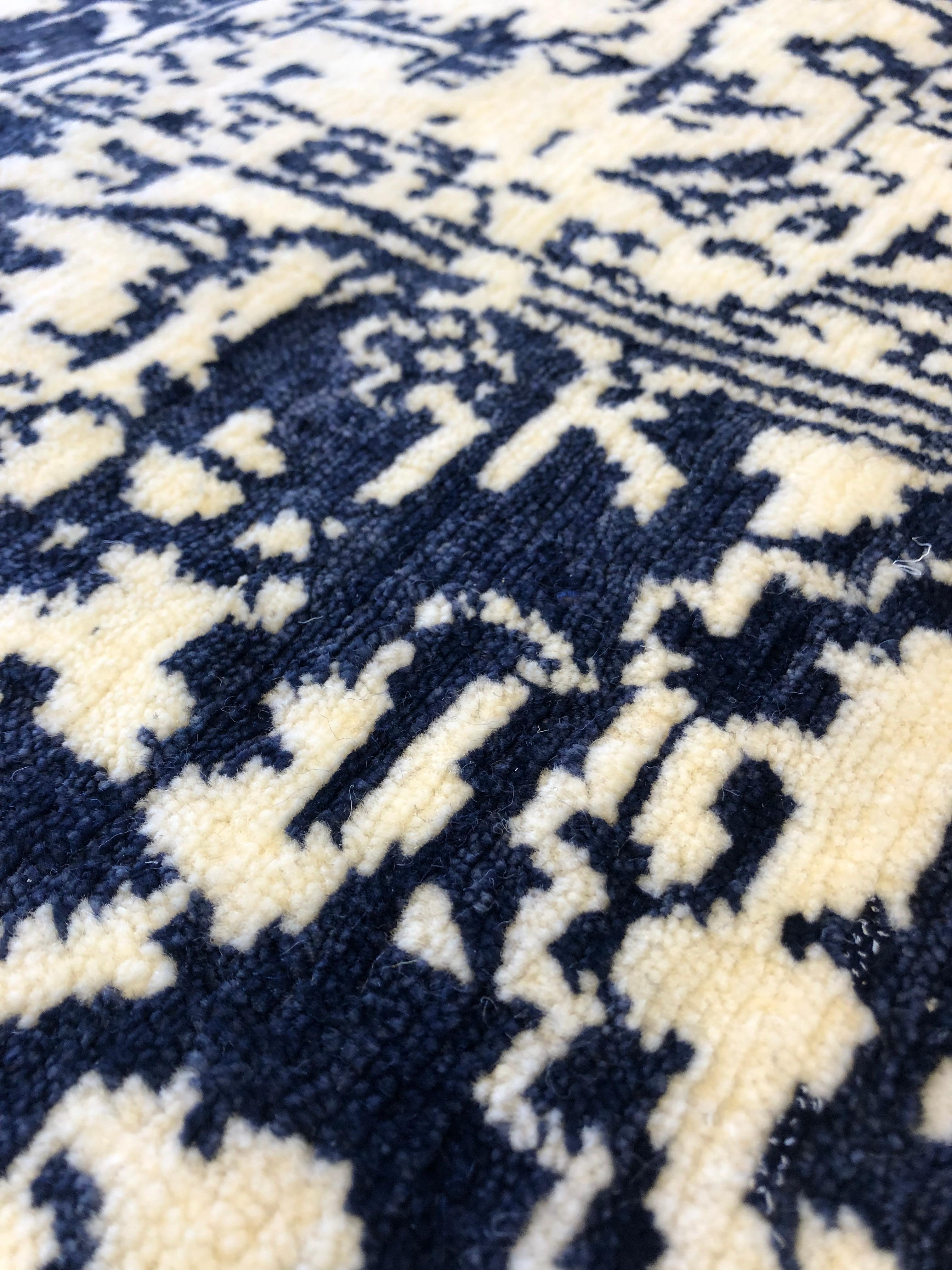 Hand-Knotted Navy and Ivory Transitional Wool Area Rug For Sale