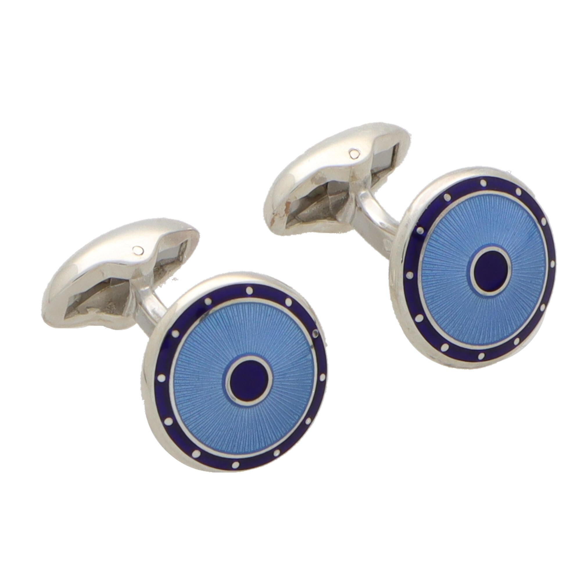Modern Navy and Light Blue Enamelled Shield Cufflinks in British Sterling Silver For Sale