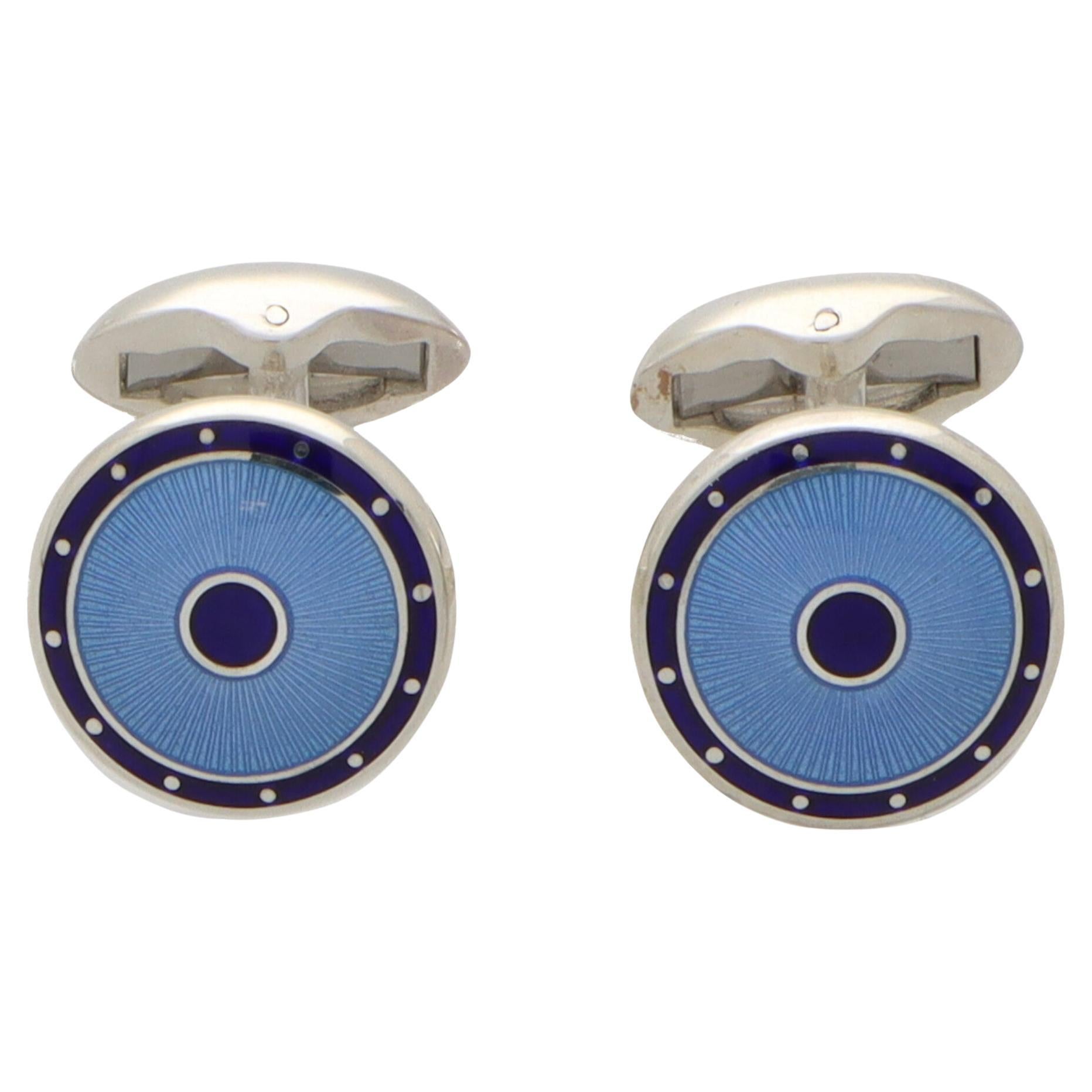 Navy and Light Blue Enamelled Shield Cufflinks in British Sterling Silver