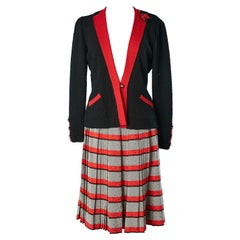 Vintage Navy and red cardigan and silk pleated skirt ensemble Adolfo New-York