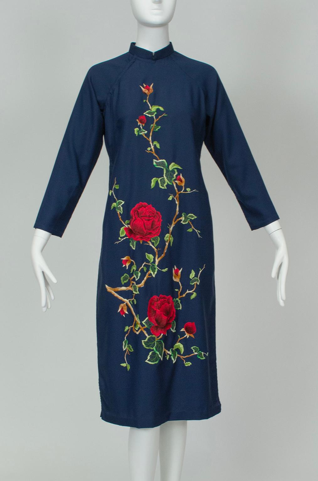 A superb example of fine micro embroidery, this striking lightweight cheongsam is wearable both casually and formally depending on what is paired with it. Thanks to millimeter-long stitches and subtle hue changes along each length of silk, the depth