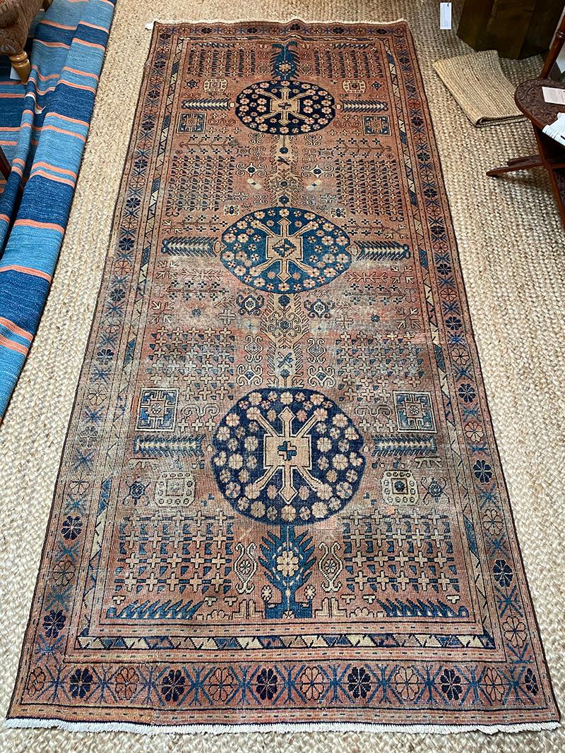 Orgin: Mongolia
Dimensions: 10’4? x 4’4?
Age: 1920’s
Design: Khotan
Material: 100% Wool-pile
Color: Terra Cotta, Navy Blue, Salmon, Beige

8757

Beautiful Khotan, could work as a runner or stunning entry carpet. 100% wool.

An epitome of