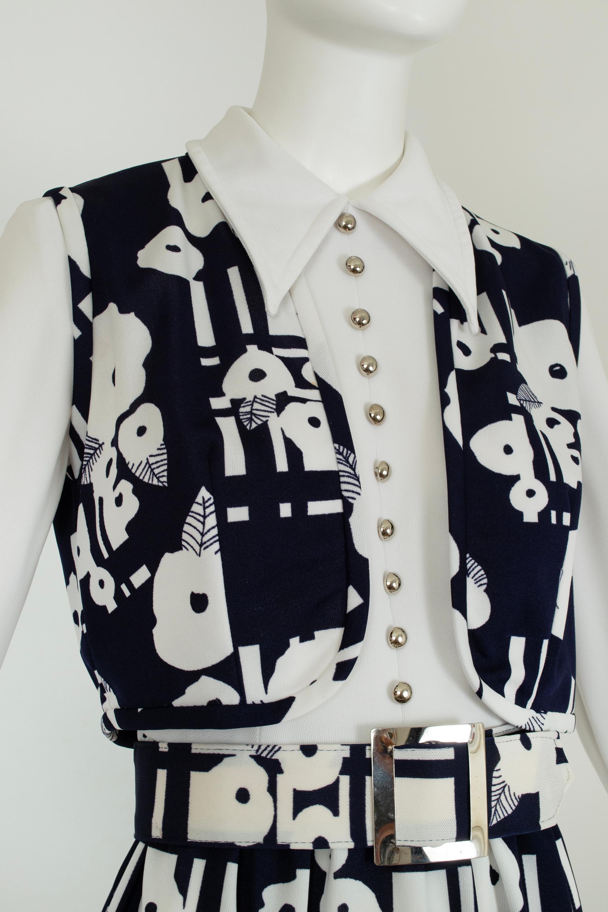 Navy and White Graphic Print Belted Maxi Hostess Dress w Vest – S, late l960s For Sale 8