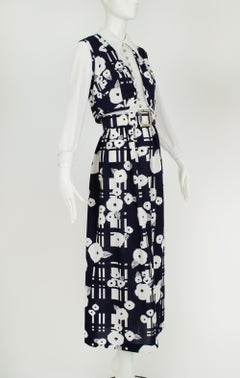 Navy and White Graphic Print Belted Maxi Hostess Dress w Vest – S, late l960s