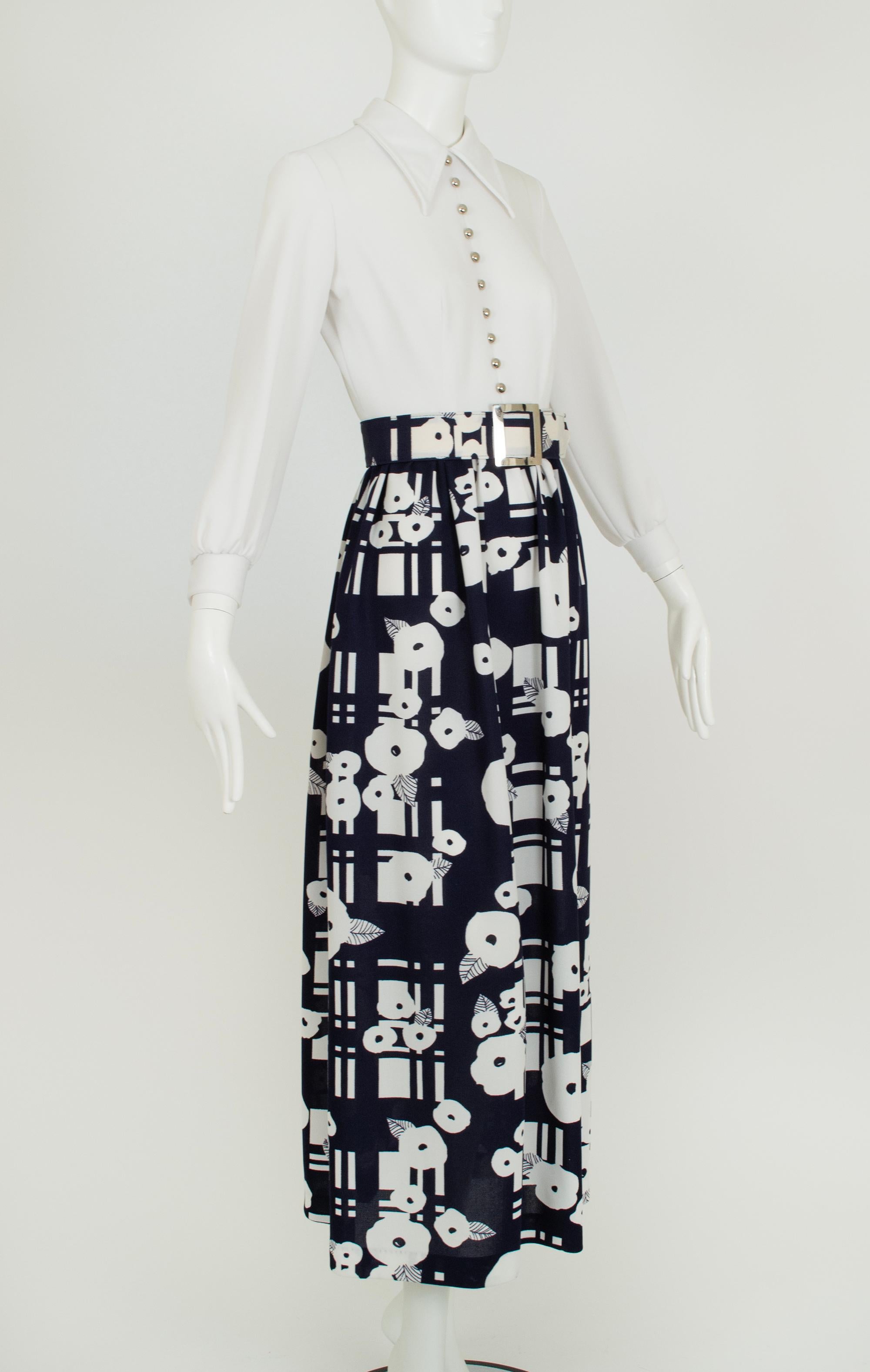 Women's Navy and White Graphic Print Belted Maxi Hostess Dress w Vest – S, late l960s For Sale