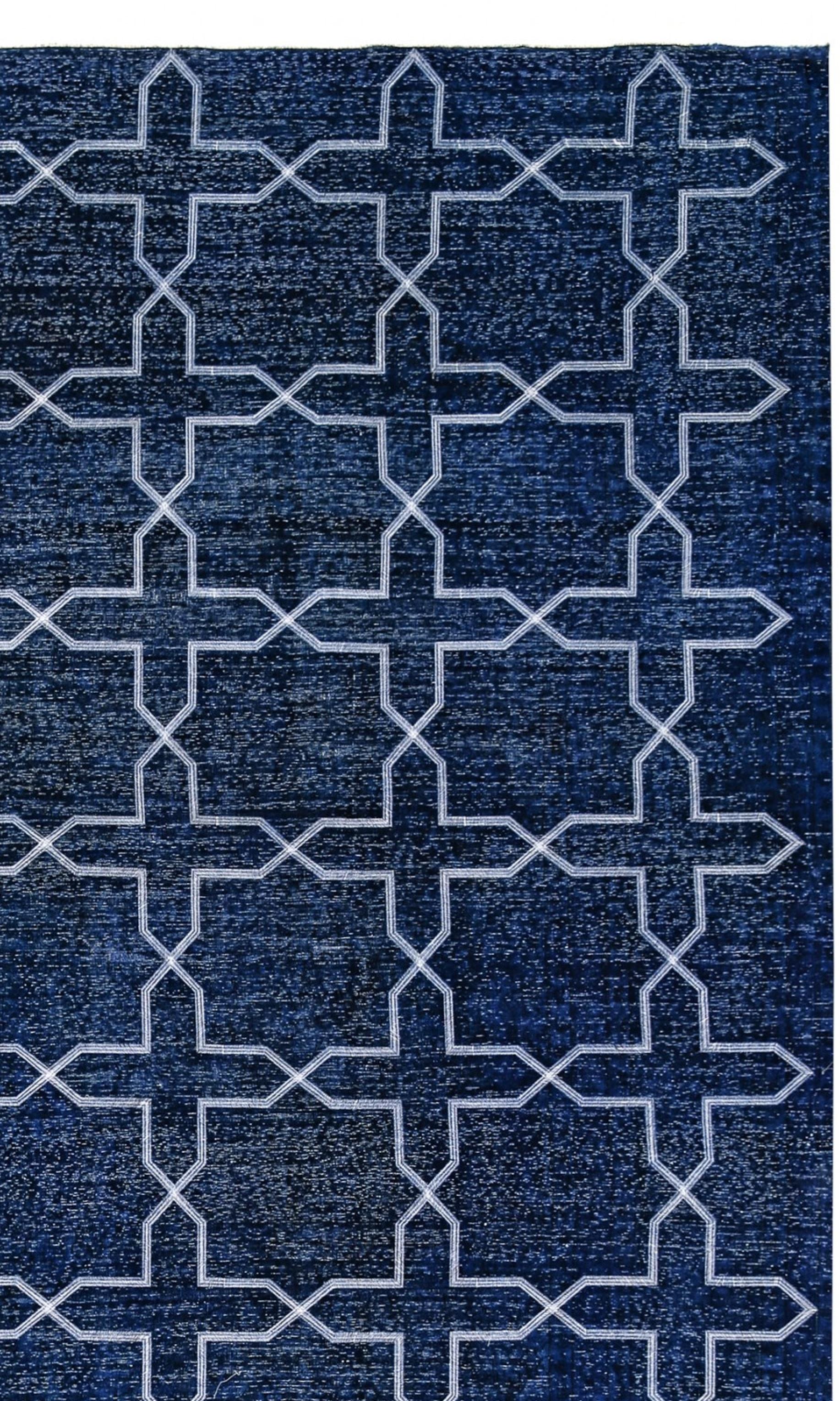 Hand-Knotted Navy and White Handmade Vintage Turkish Anatolian Overdyed Distressed Rug For Sale