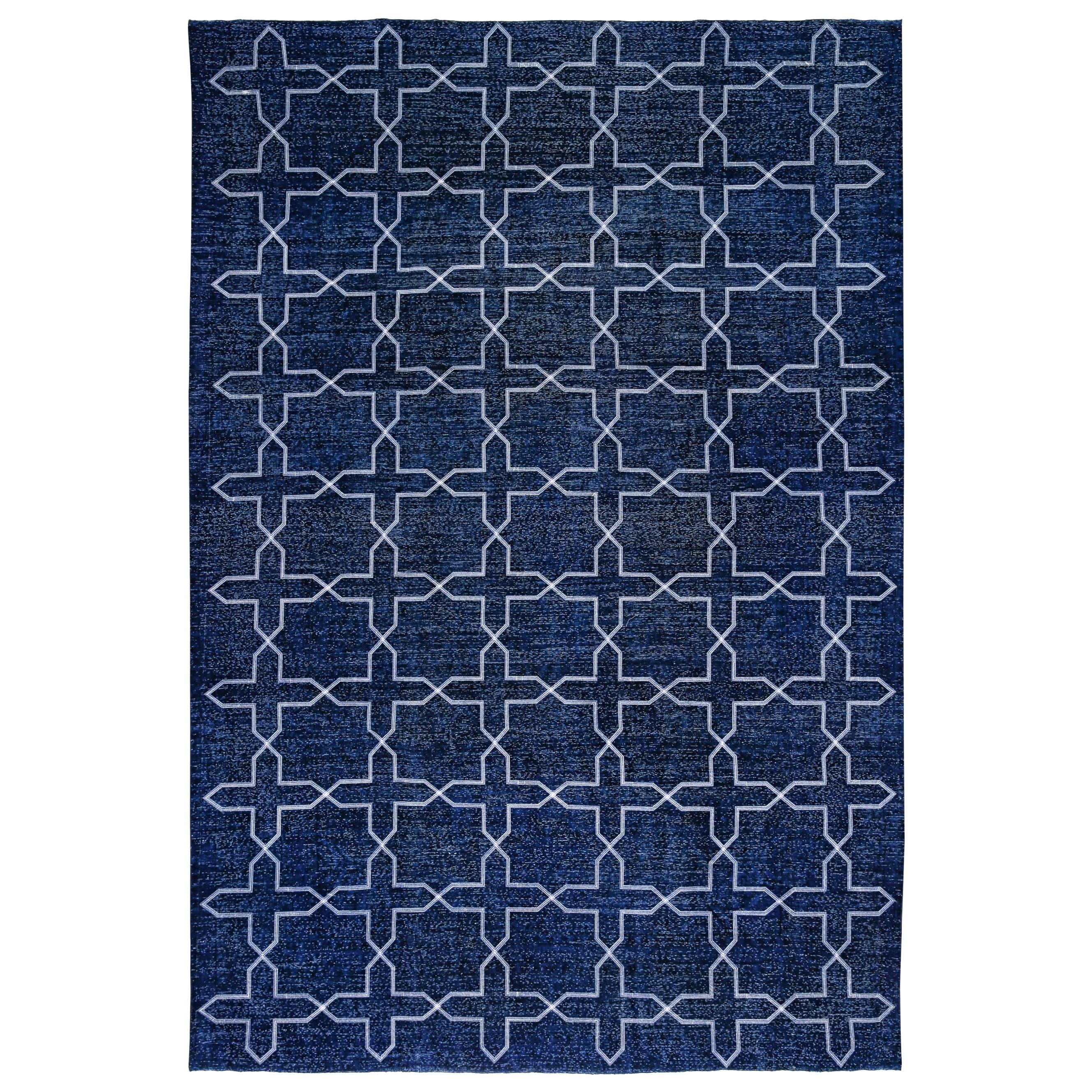 Navy and White Handmade Vintage Turkish Anatolian Overdyed Distressed Rug For Sale