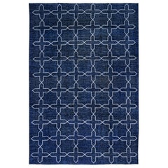 Navy and White Handmade Vintage Turkish Anatolian Overdyed Distressed Rug
