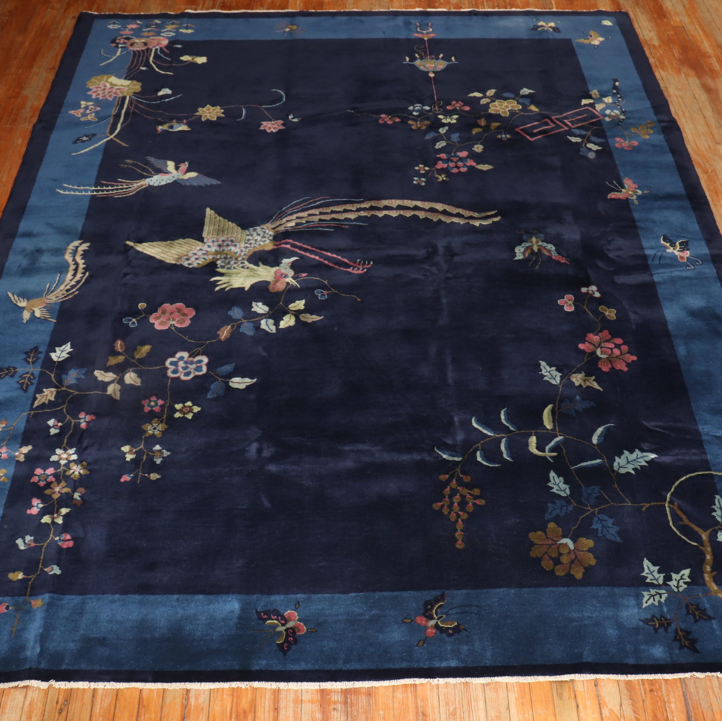 Hand-Knotted Navy Antique Chinese Art Deco Nichols Rug For Sale