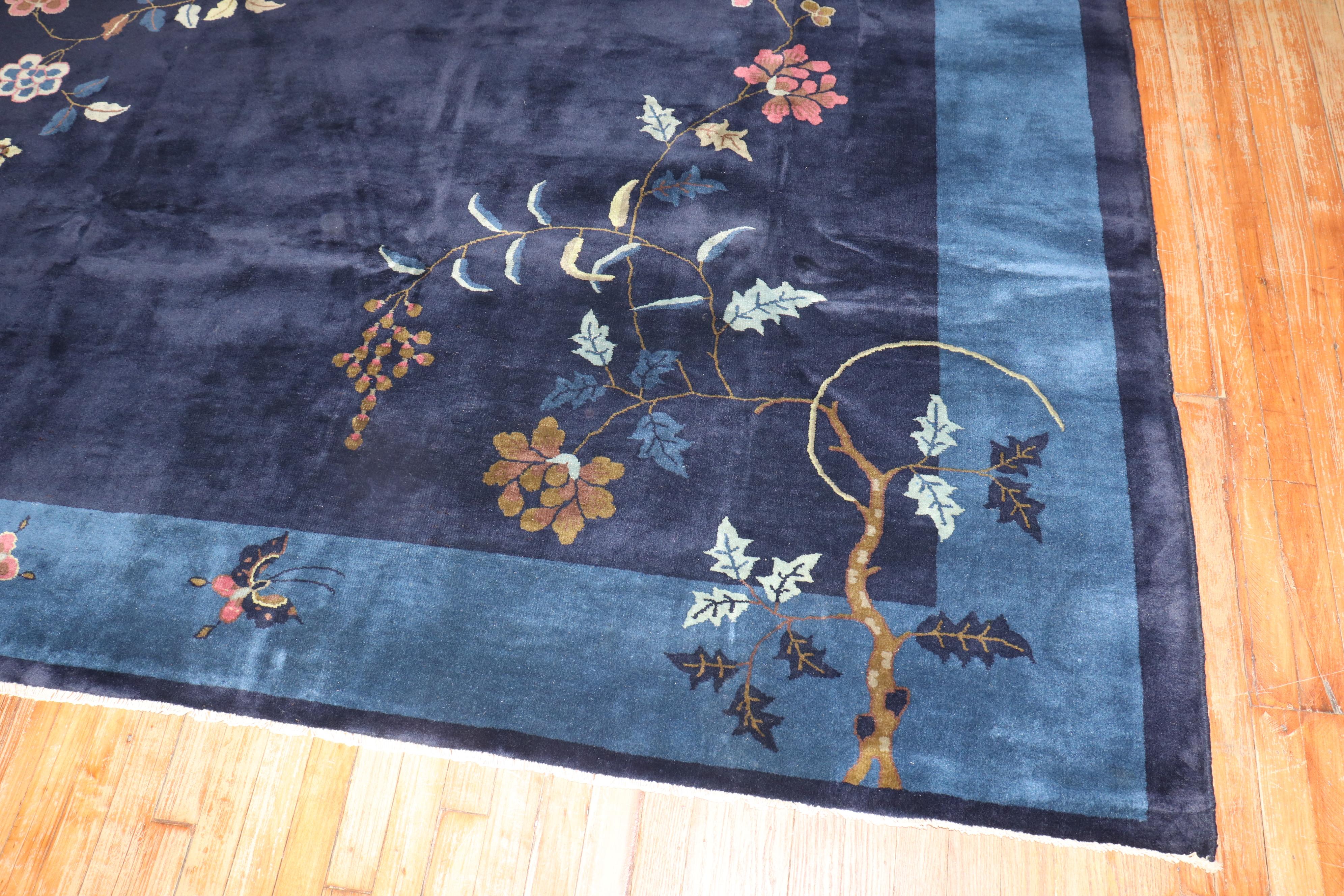 20th Century Navy Antique Chinese Art Deco Nichols Rug For Sale