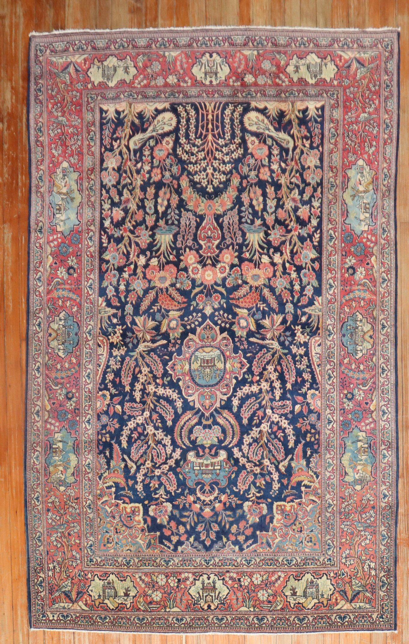 Navy Antique Persian Kashan Carpet For Sale 5