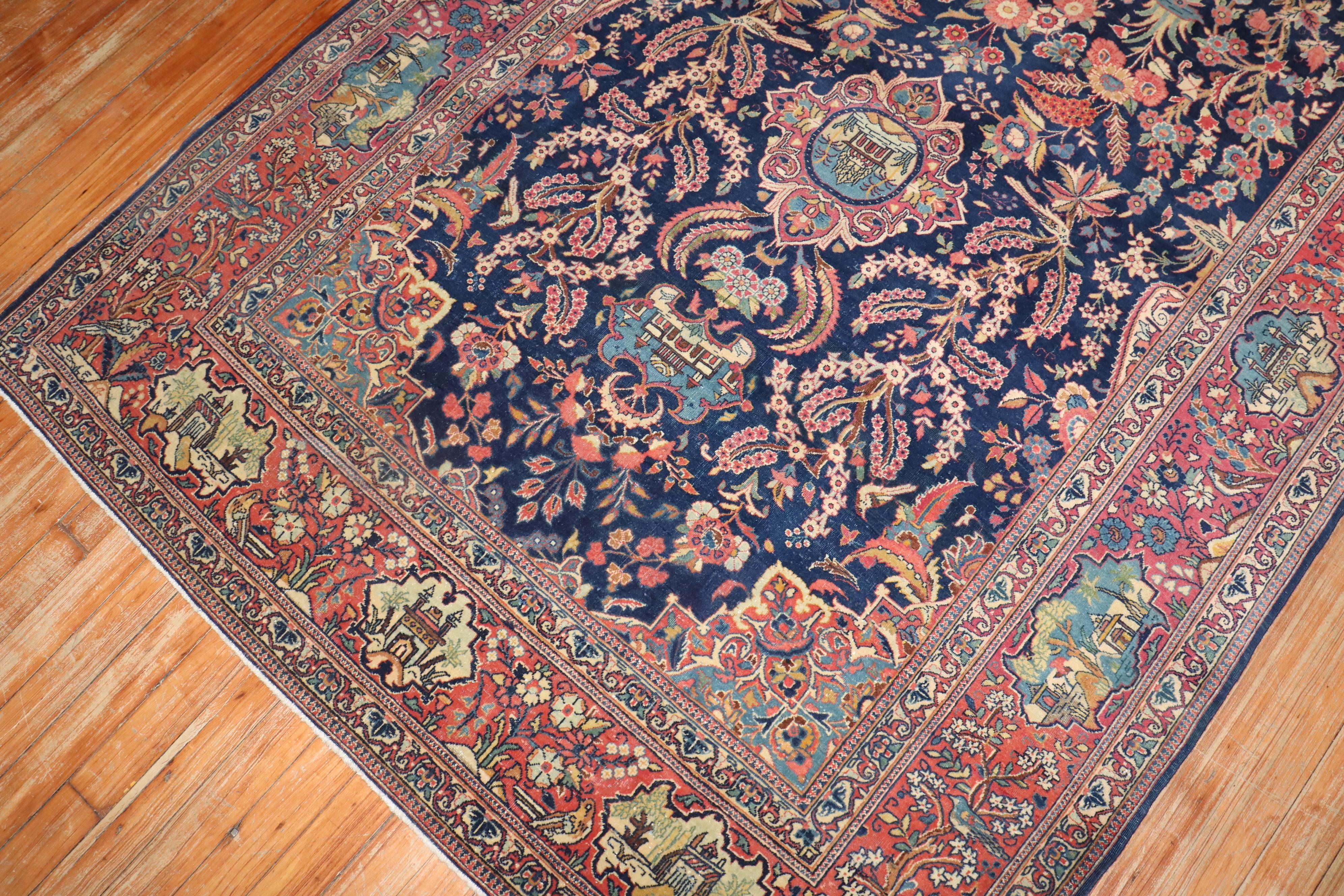 Navy Antique Persian Kashan Carpet In Good Condition For Sale In New York, NY