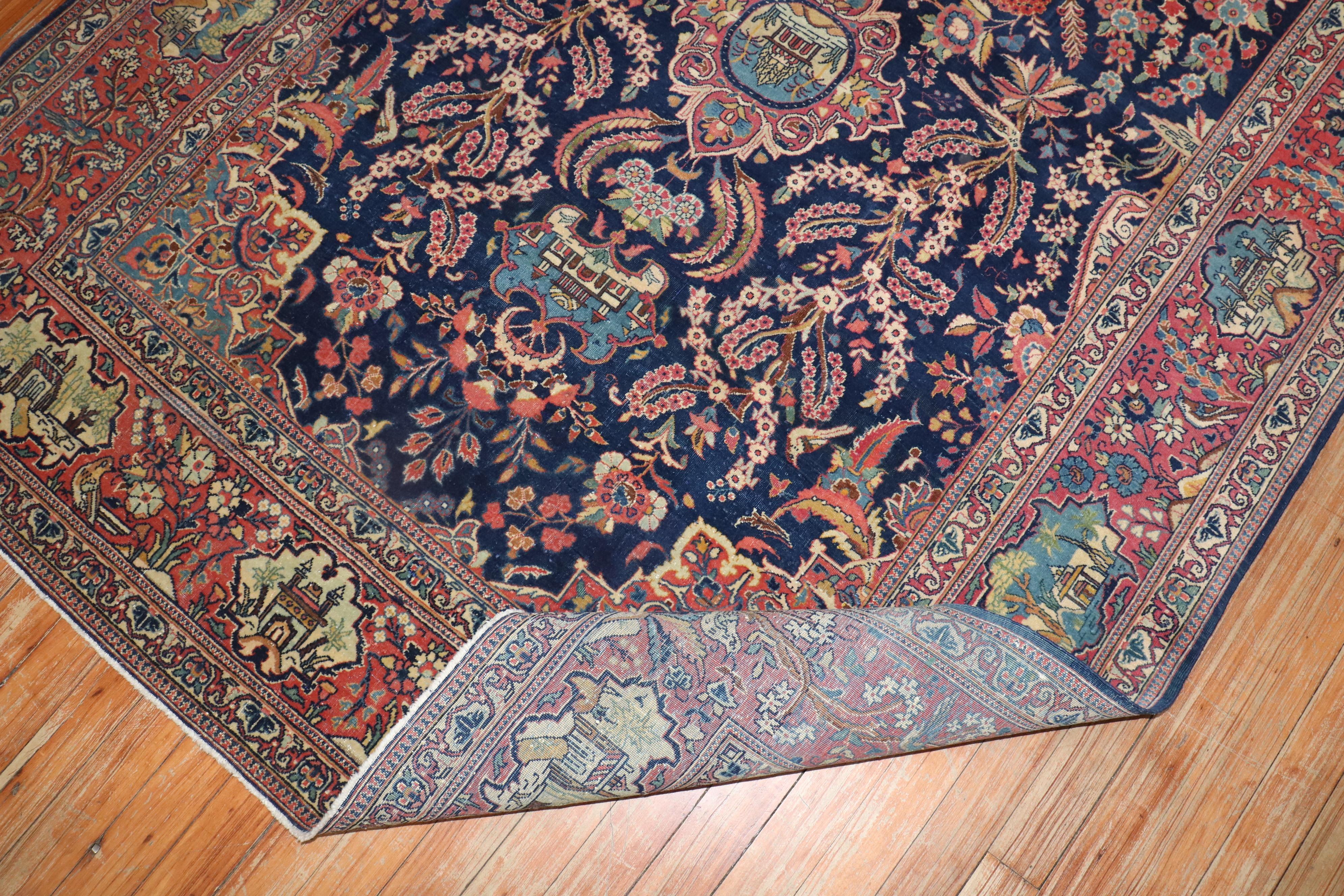 20th Century Navy Antique Persian Kashan Carpet For Sale