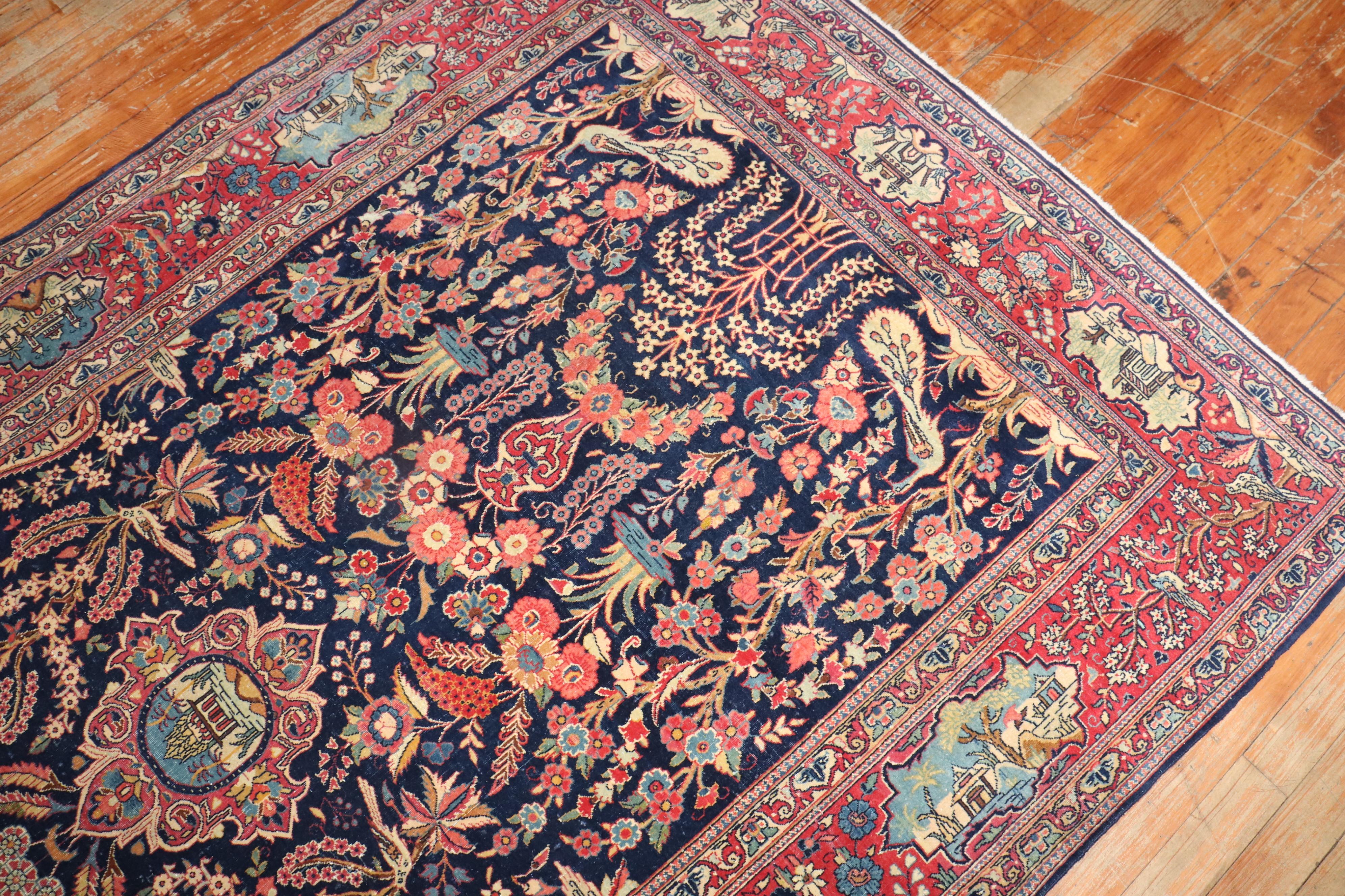 Wool Navy Antique Persian Kashan Carpet For Sale