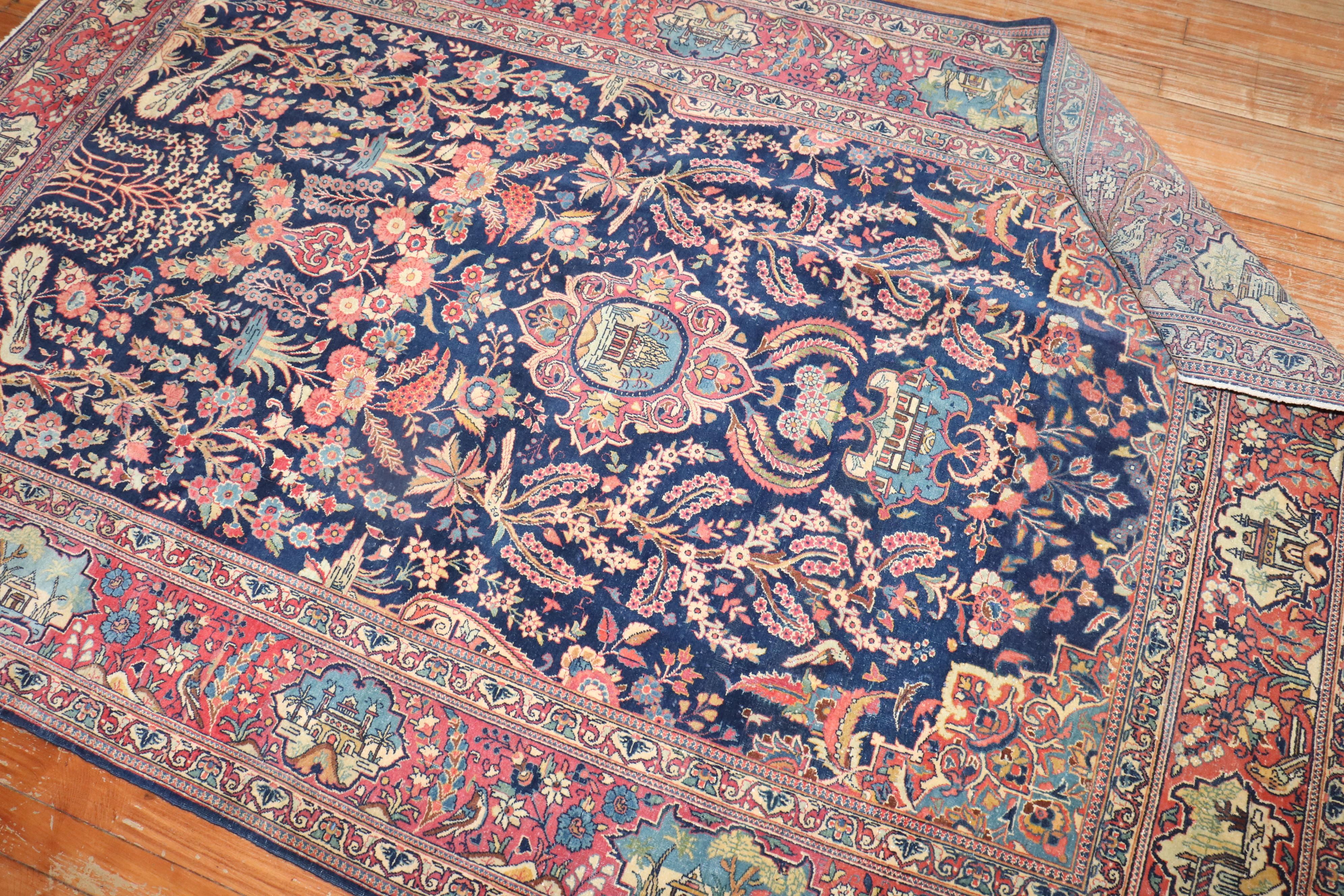 Navy Antique Persian Kashan Carpet For Sale 1