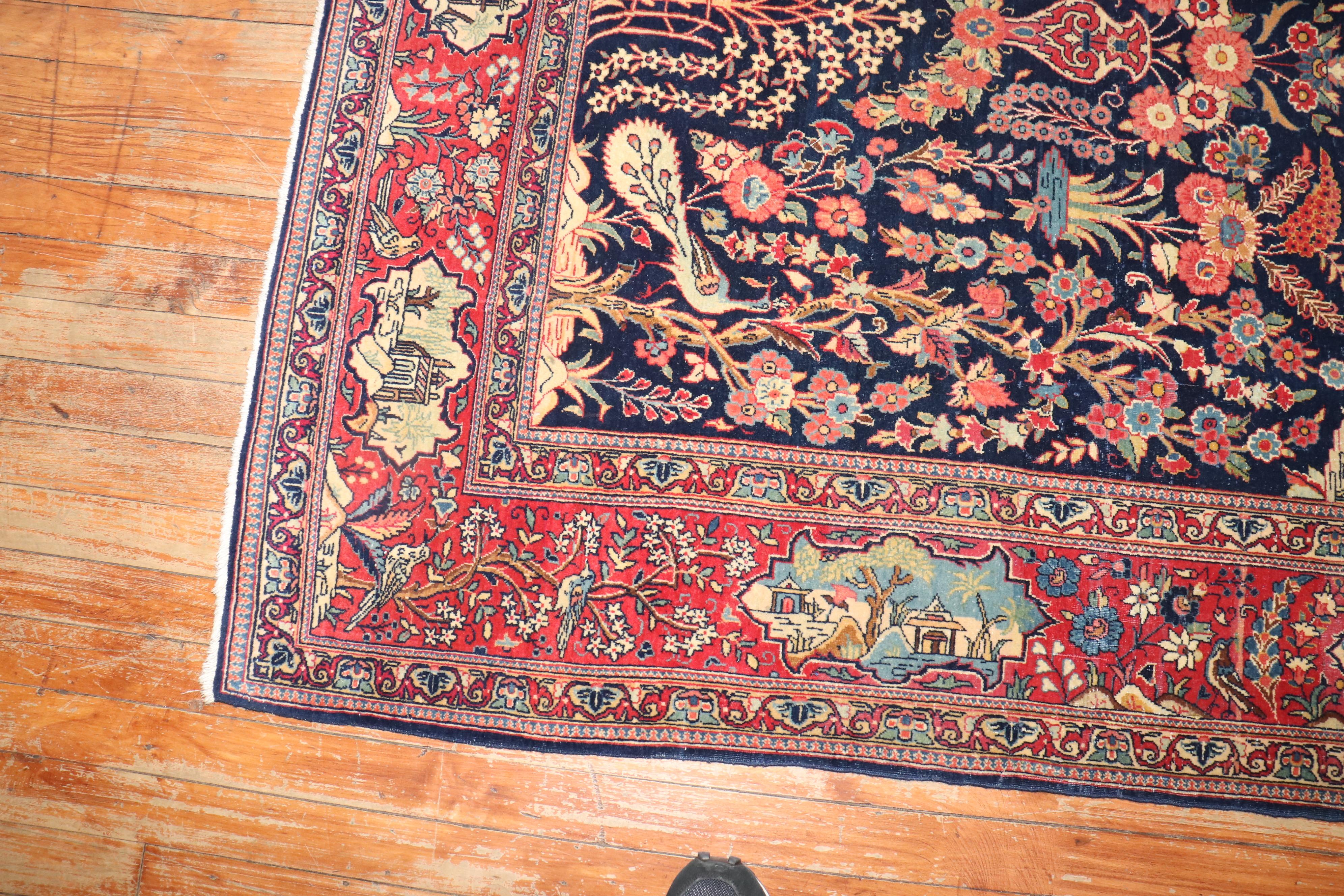 Antiker persischer Kashan-Teppich in Marineblau im Angebot 1