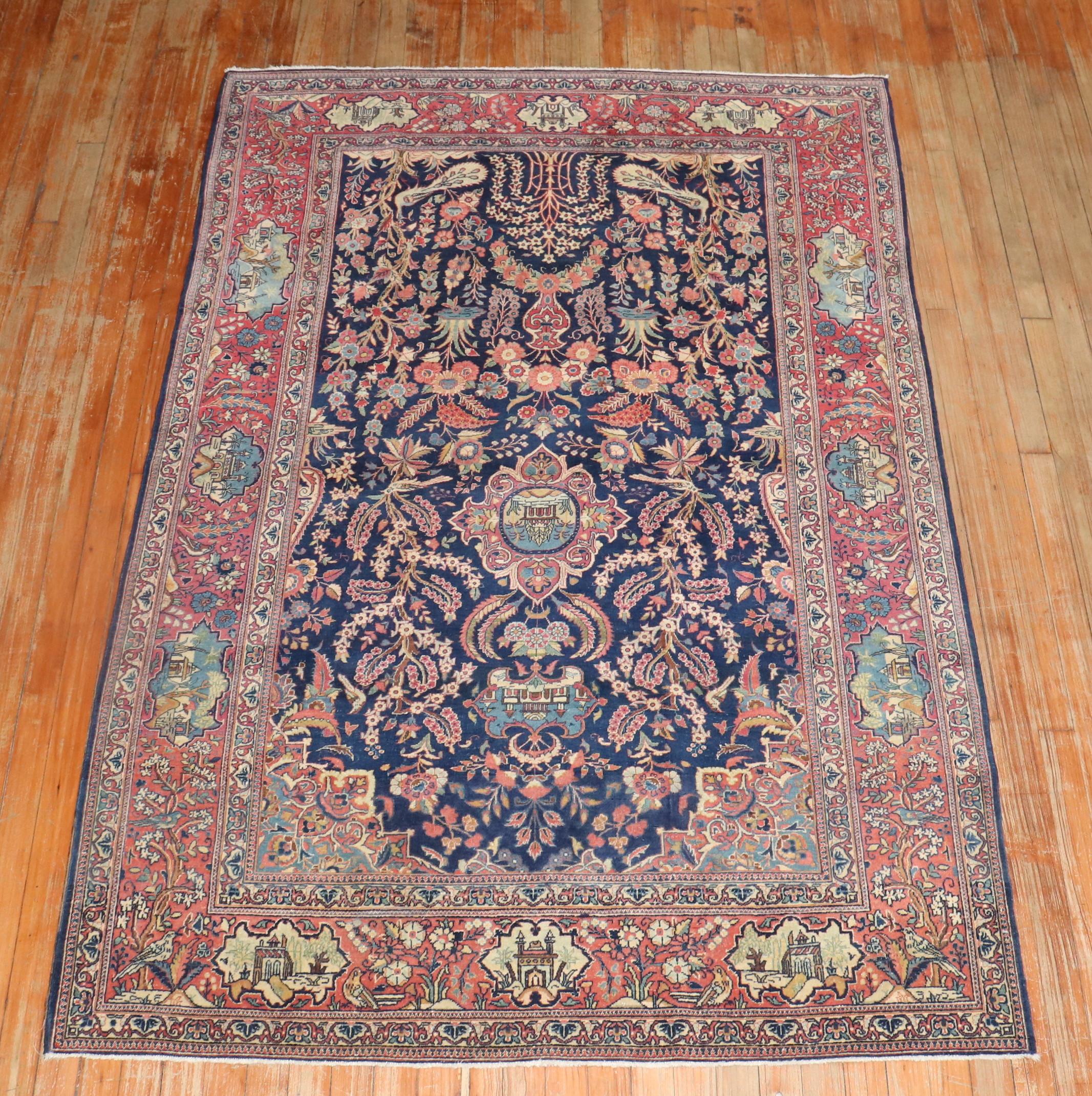Navy Antique Persian Kashan Carpet For Sale 4