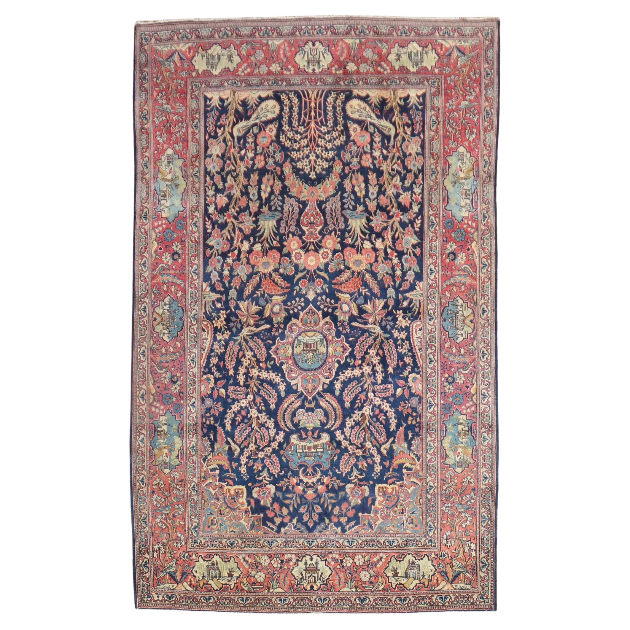 Navy Antique Persian Kashan Carpet For Sale