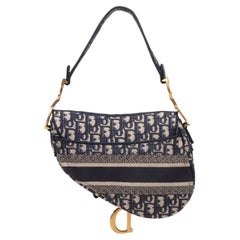 Navy & Beige Christian Dior Jacquard Oblique Saddle Bag
