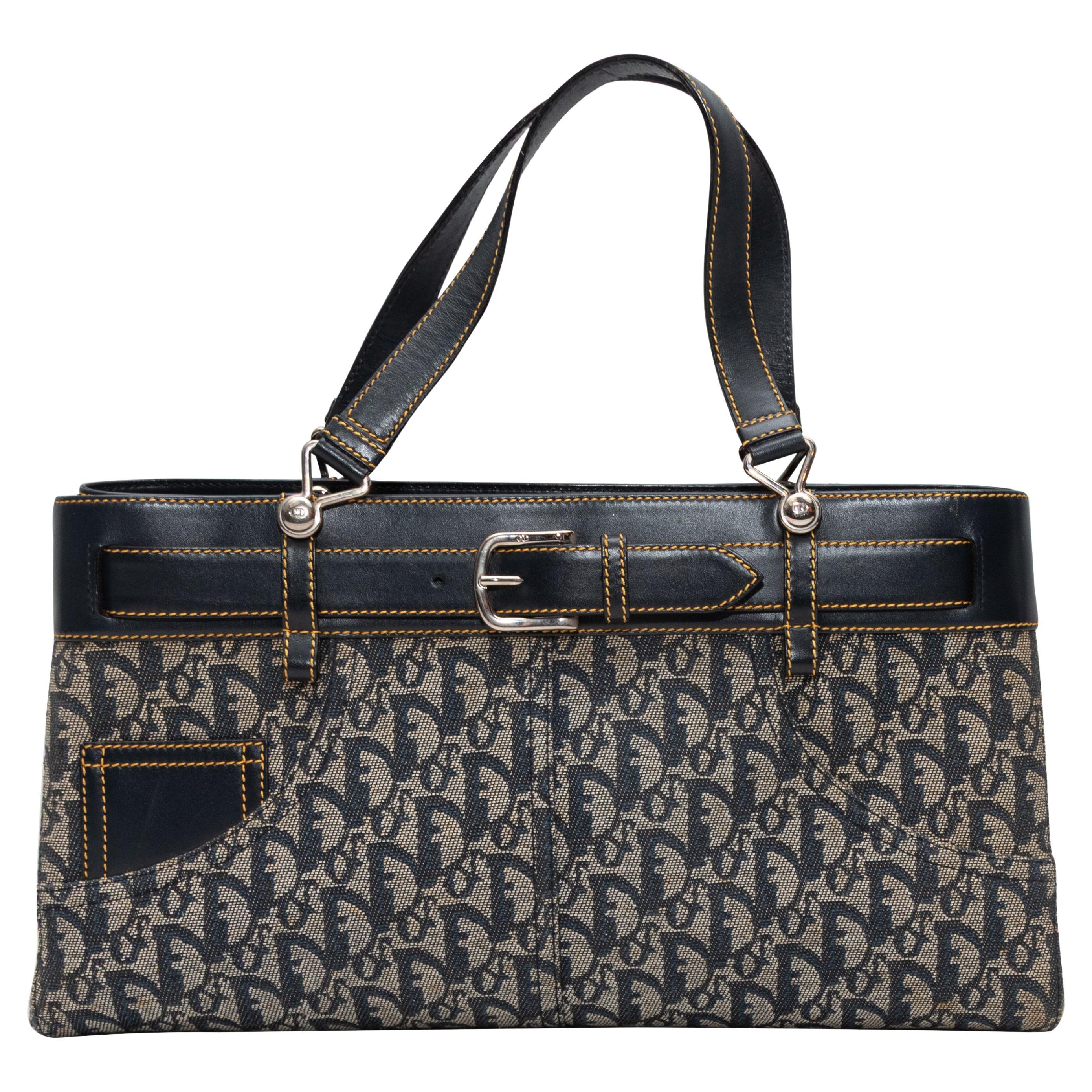 Navy & Beige Christian Dior Trotteur Oblique Handbag For Sale