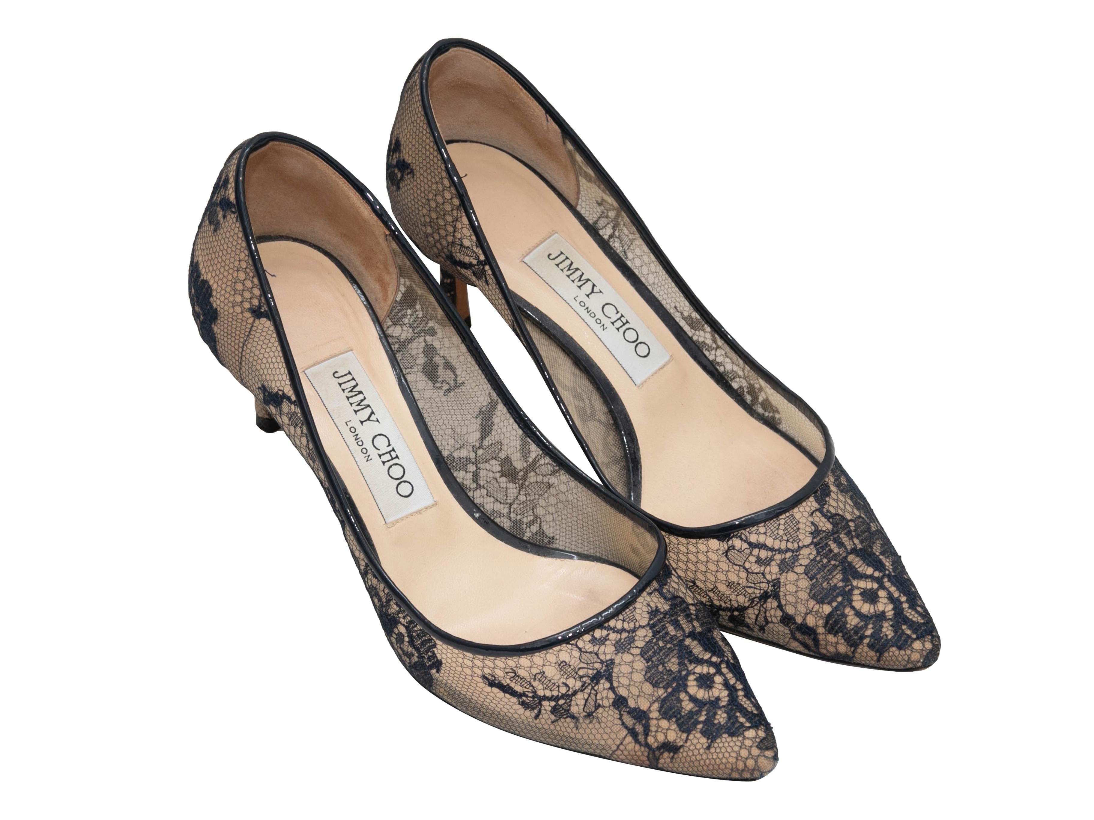 Navy & Beige Jimmy Choo Lace Pointed-Toe Pumps Size 36.5 In Good Condition For Sale In New York, NY