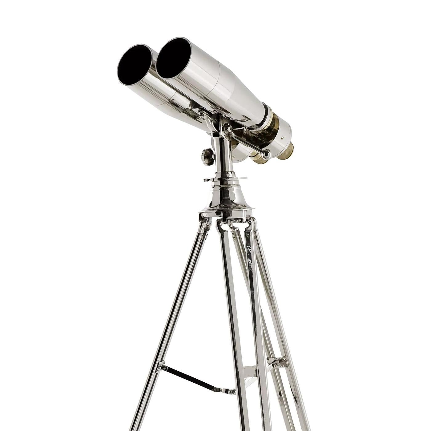 Binoculars Navy with polished steel adjustable tripod base.
With polished aluminium and steel binoculars with glass lens,
magnifying x12. Adjustable height.