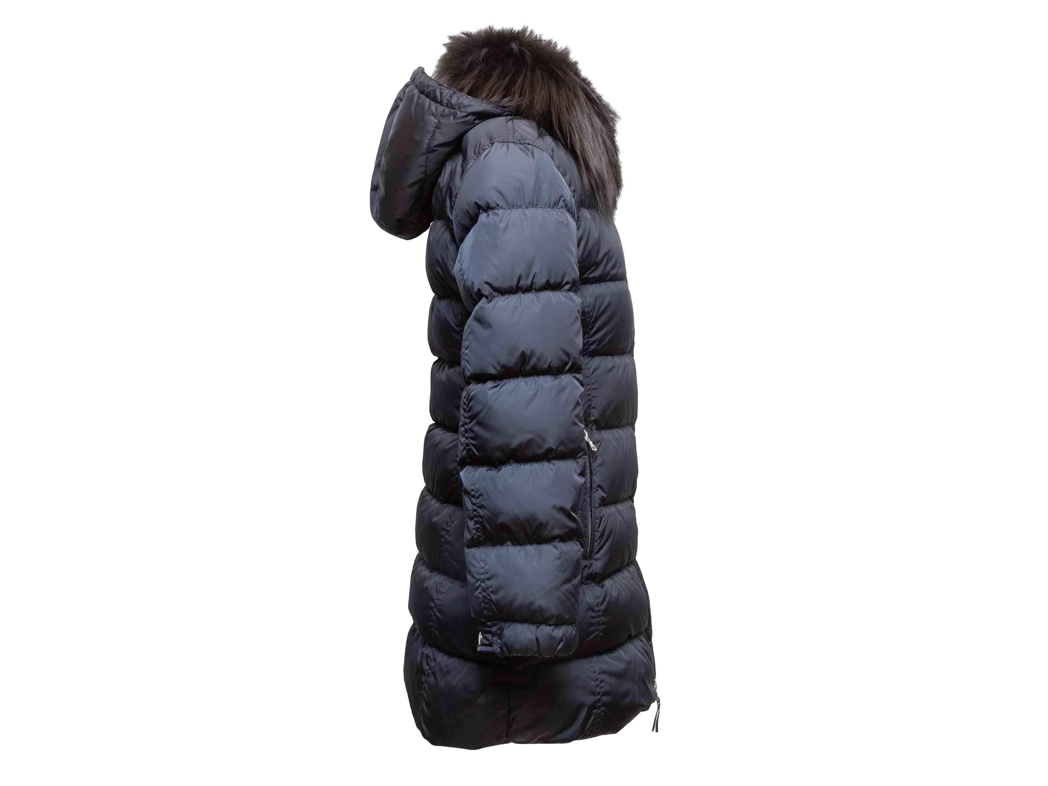 Nero Navy & Black Prada Down Fur-Trimmed Hooded Puffer Coat Size IT 42 in vendita