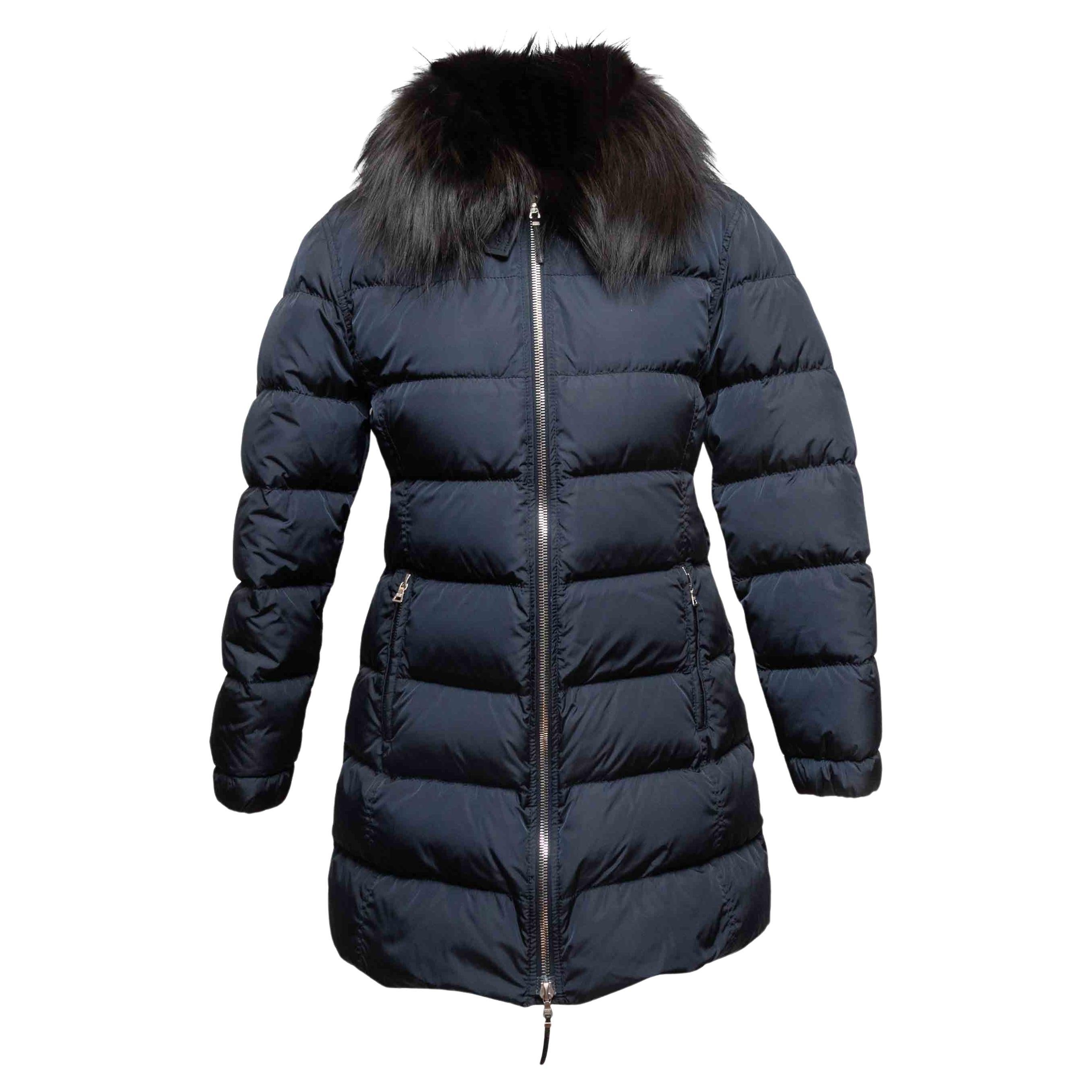 Navy & Black Prada Down Fur-Trimmed Hooded Puffer Coat Size IT 42 in vendita