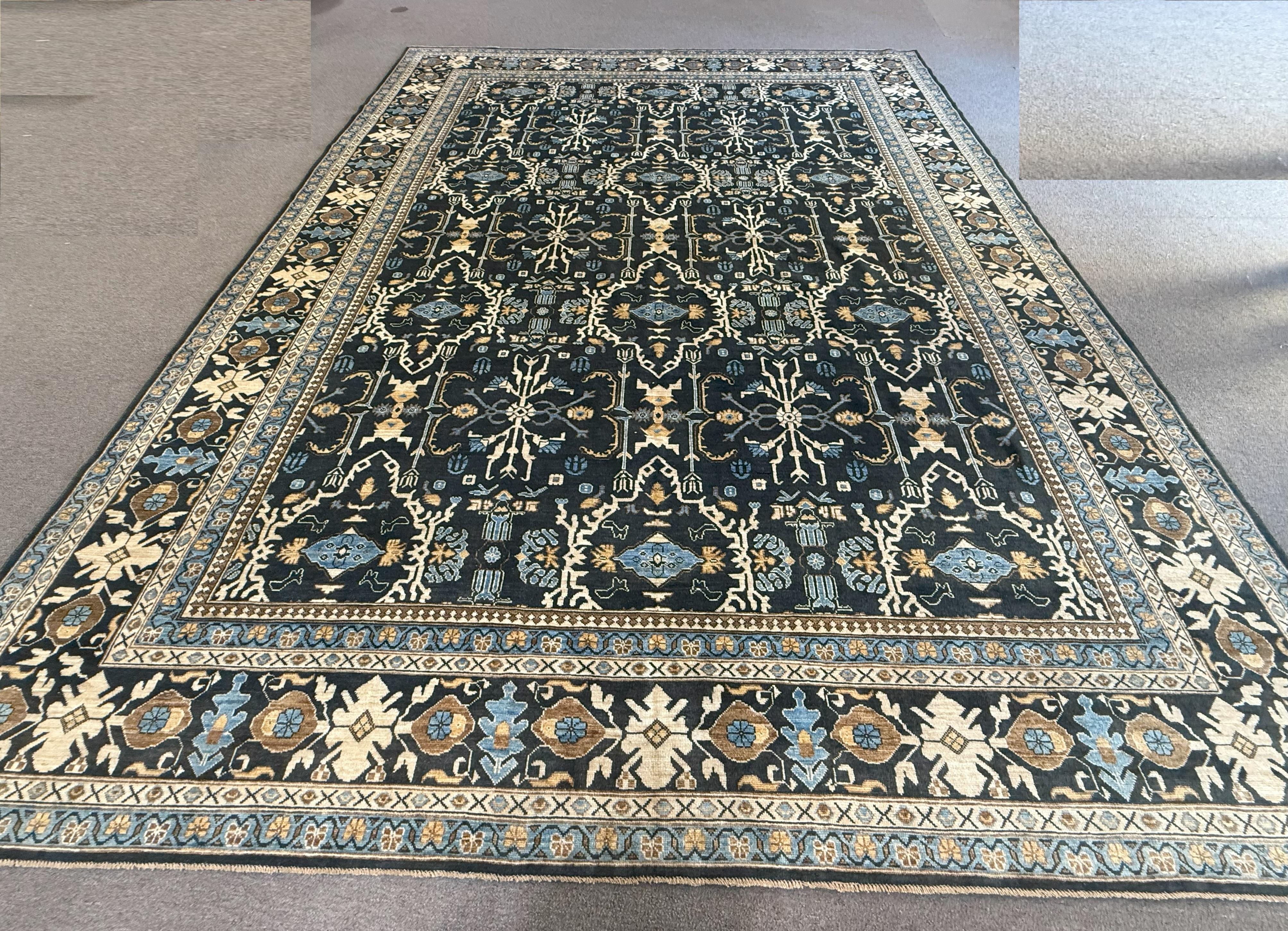 Hand-Knotted Navy Blue All-Over Traditional Design Pakistani Area Rug For Sale