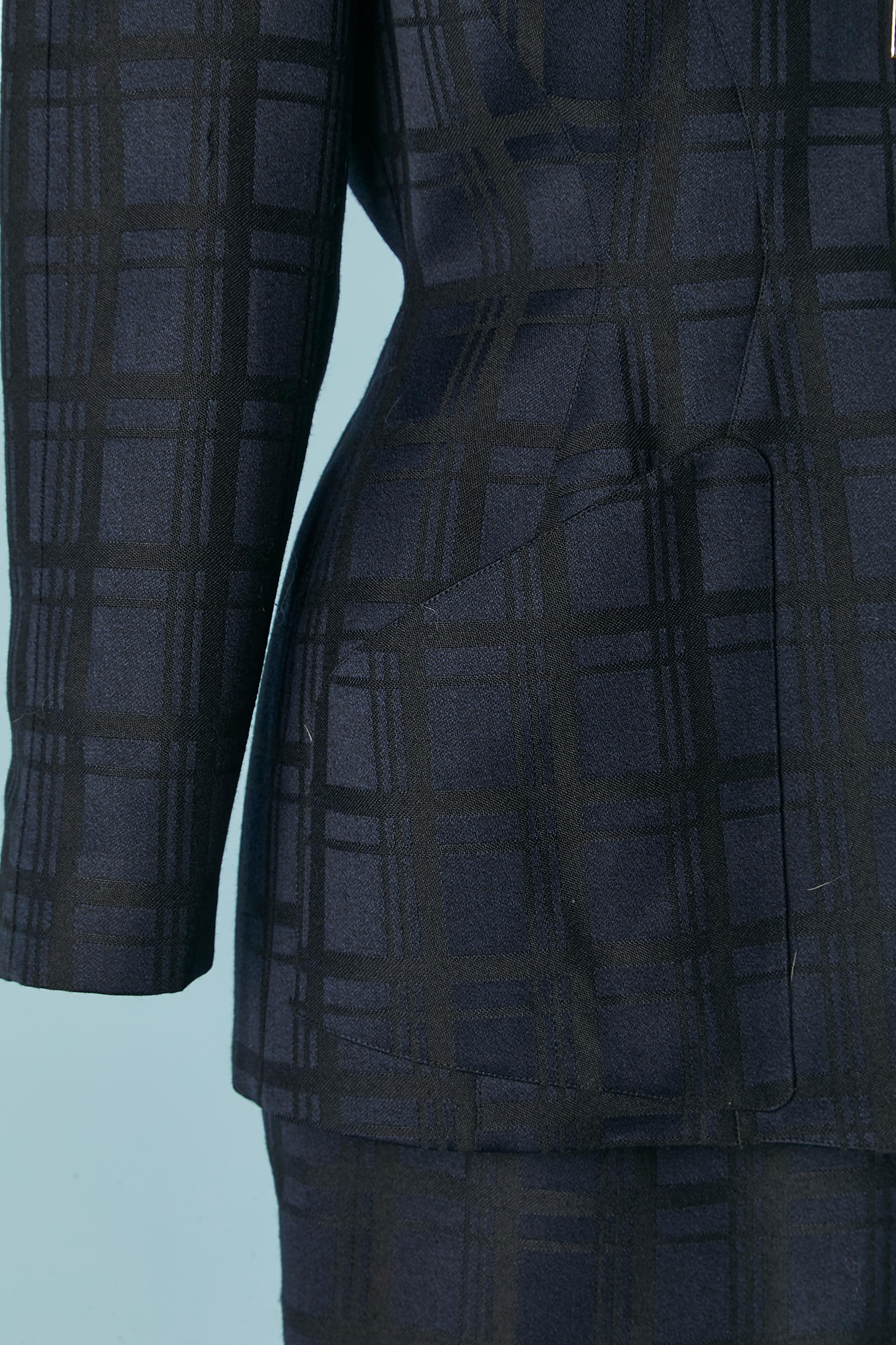 Women's Navy blue and black check pattern jacquard skirt-suit Thierry Mugler Circa 1990 For Sale