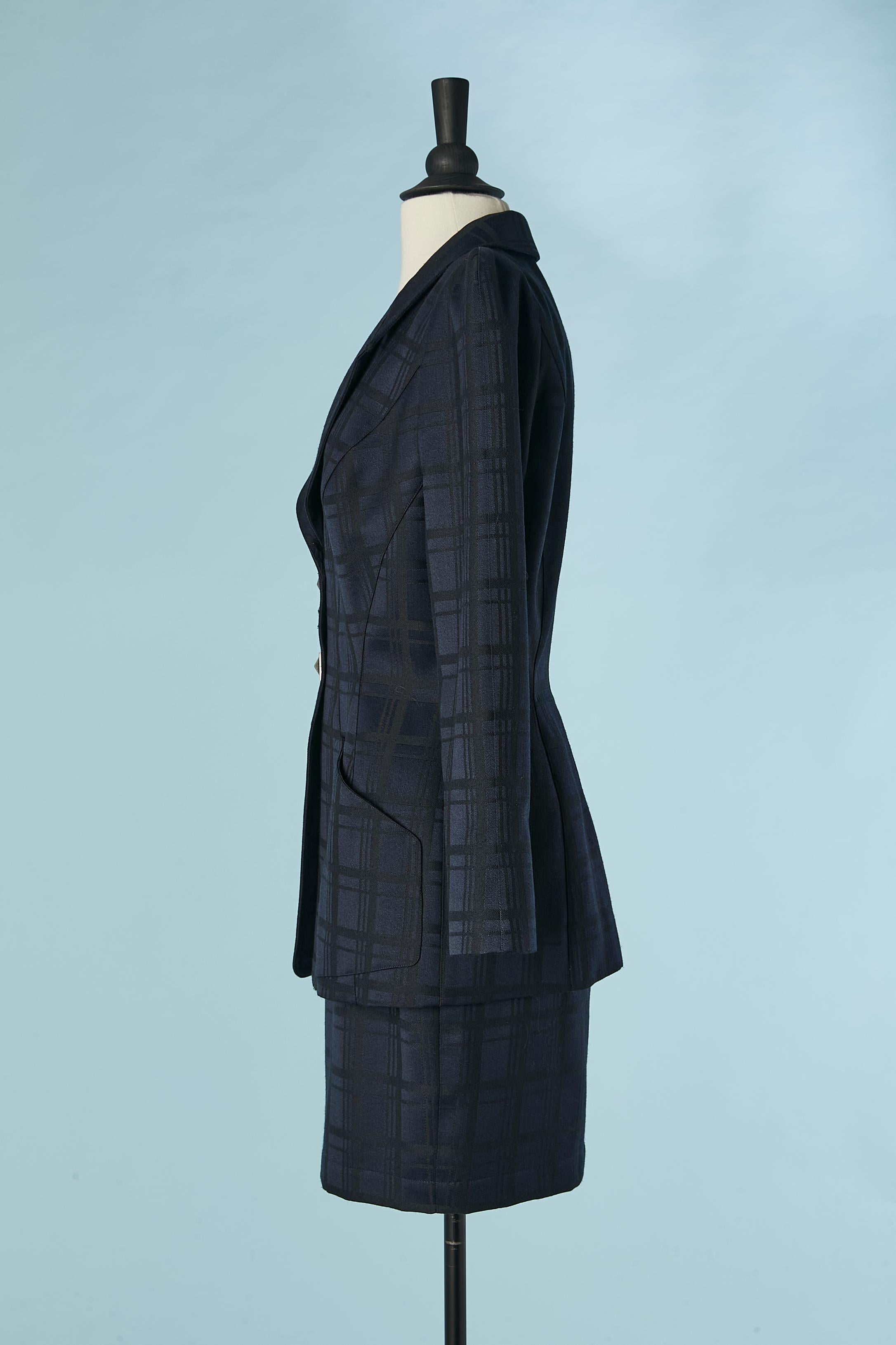 Navy blue and black check pattern jacquard skirt-suit Thierry Mugler Circa 1990 For Sale 1