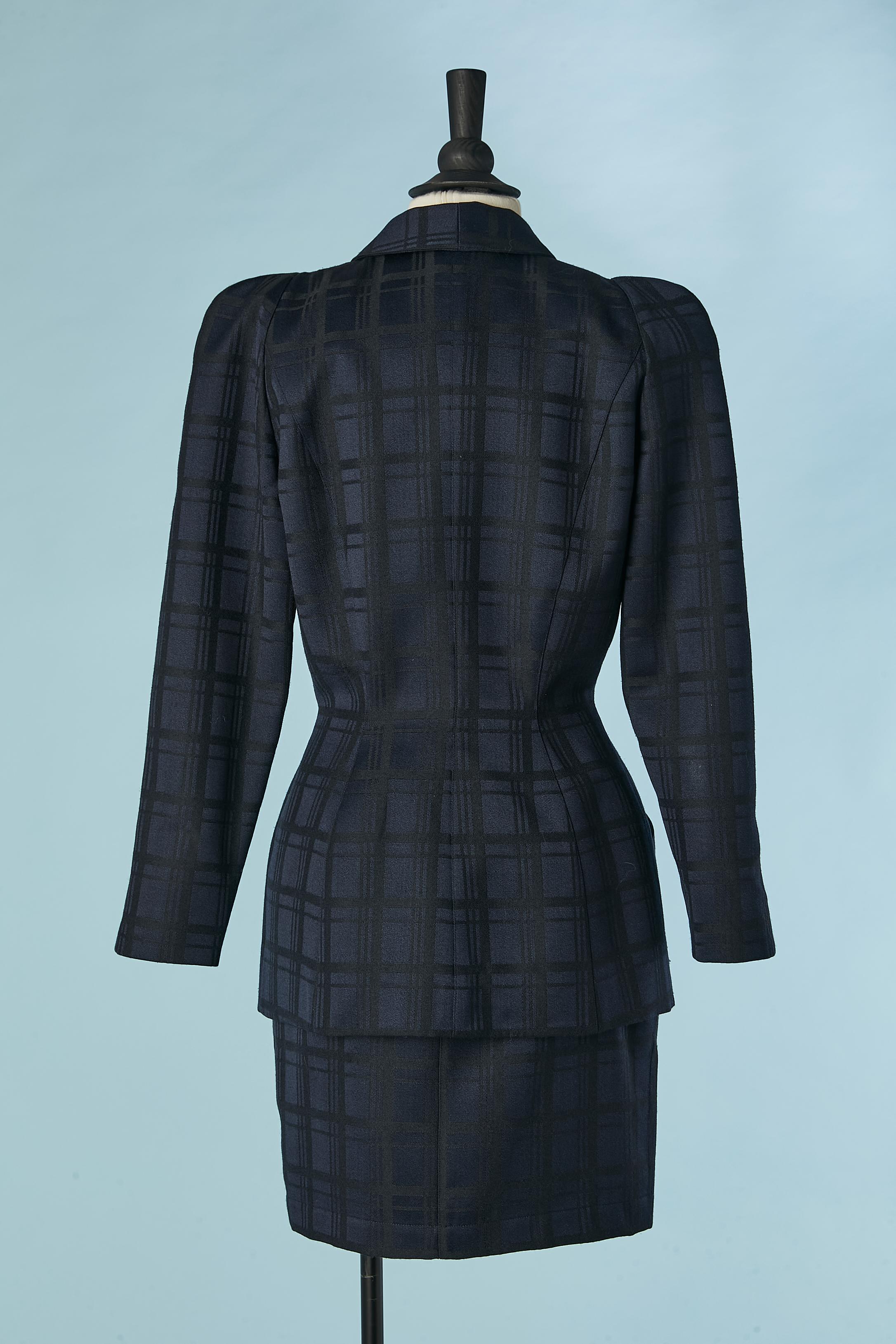 Navy blue and black check pattern jacquard skirt-suit Thierry Mugler Circa 1990 For Sale 2