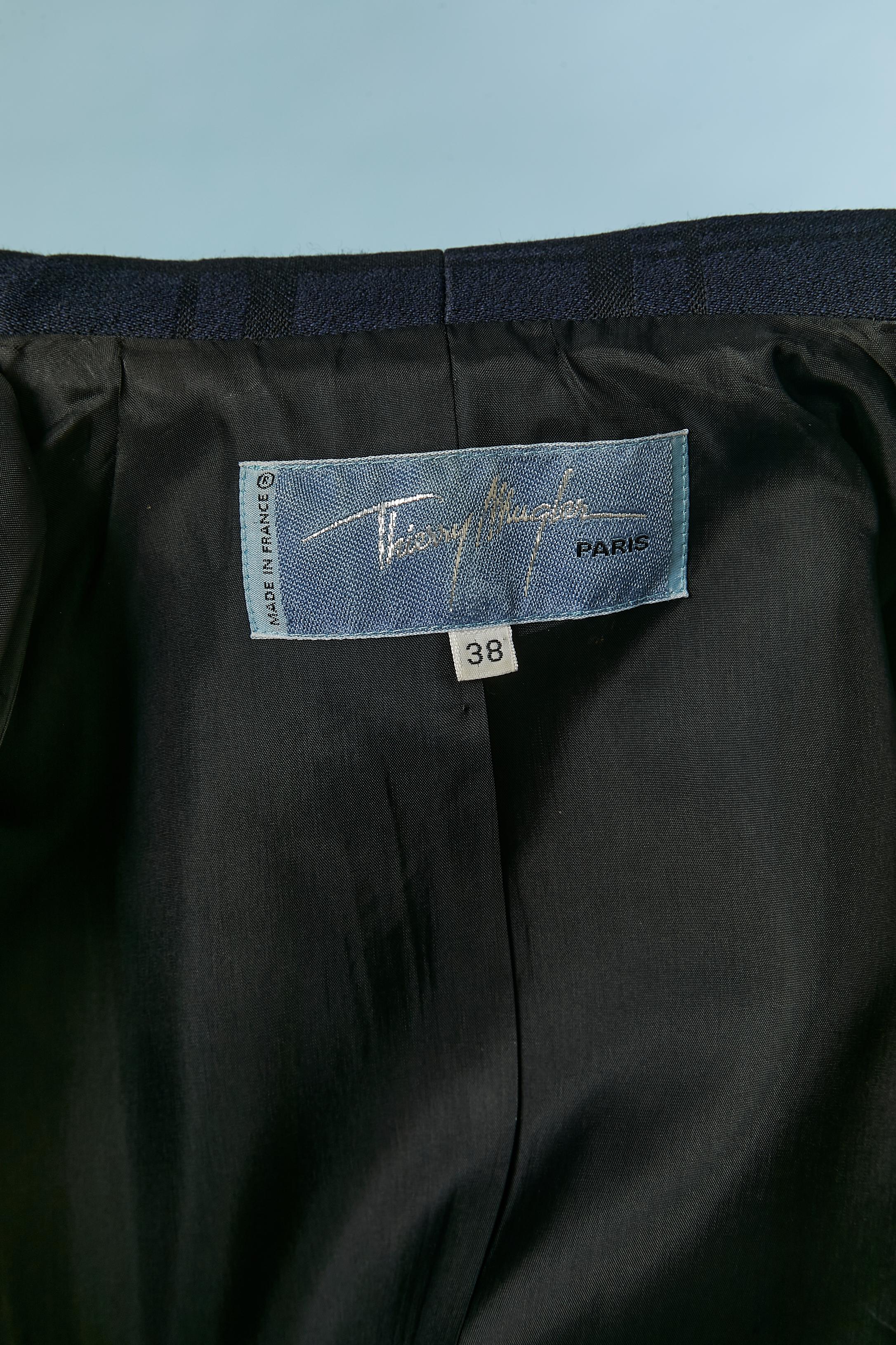 Navy blue and black check pattern jacquard skirt-suit Thierry Mugler Circa 1990 For Sale 4