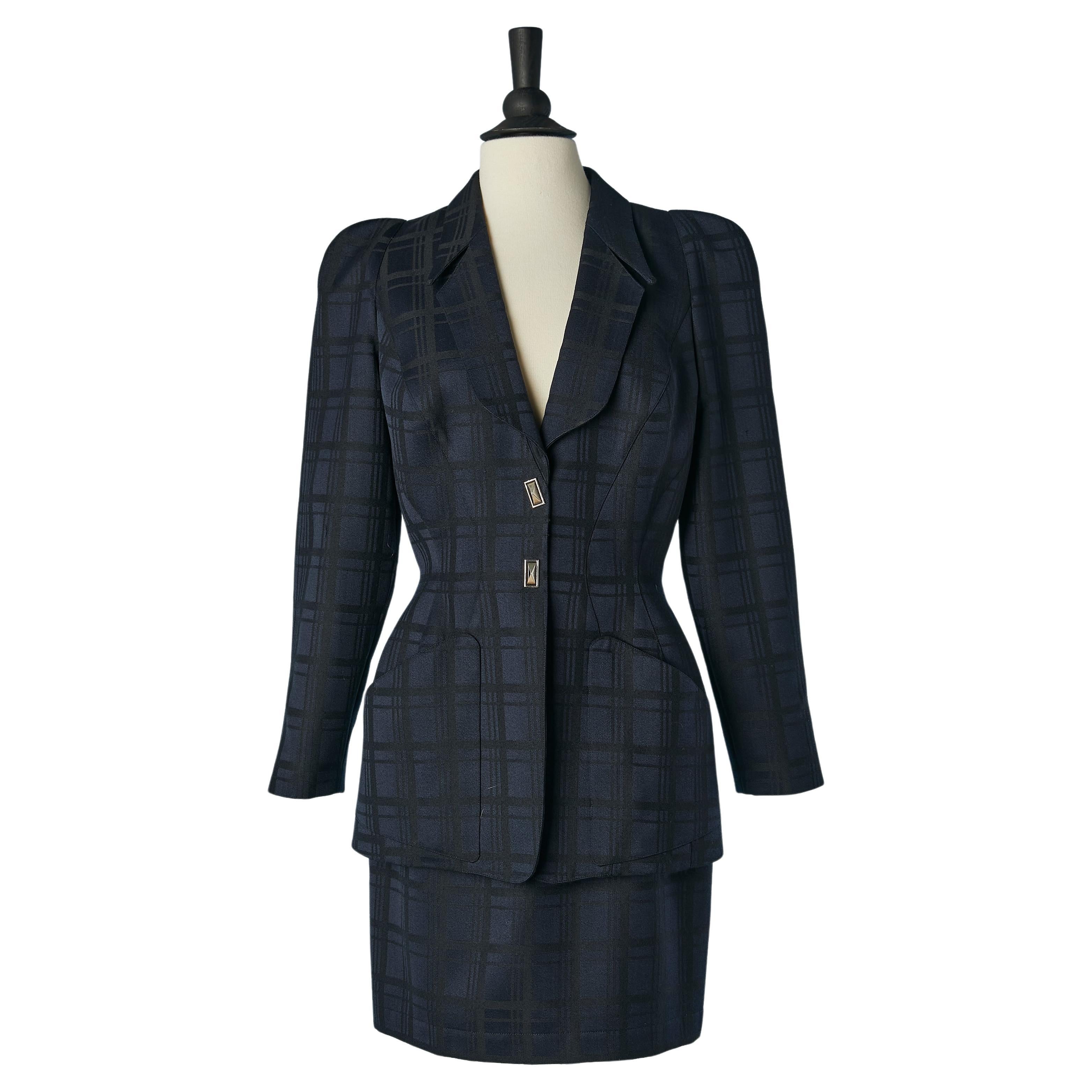 Navy blue and black check pattern jacquard skirt-suit Thierry Mugler Circa 1990 For Sale