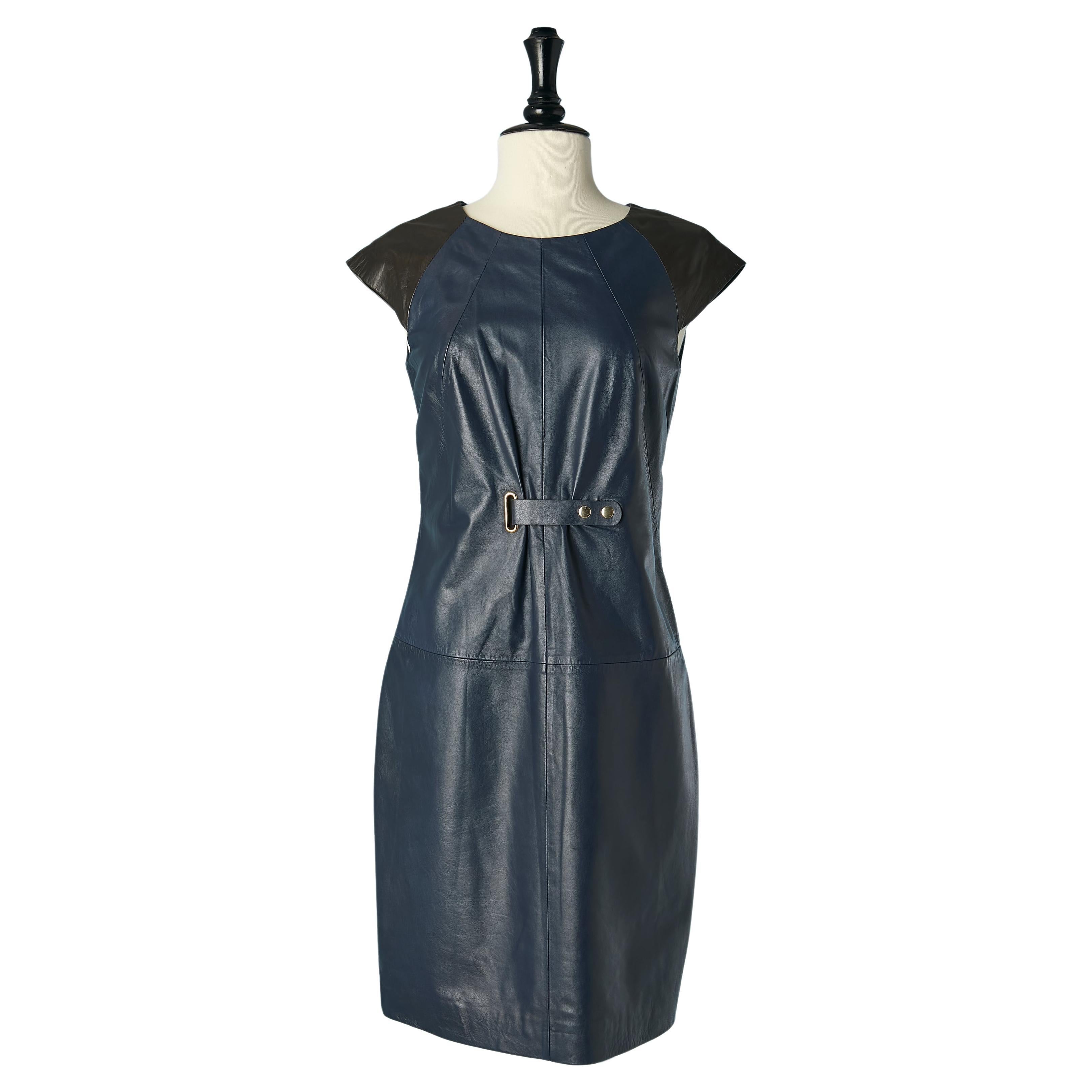 Navy blue and black leather shoulder sleeveless dress  TRU Trussardi NEW  For Sale